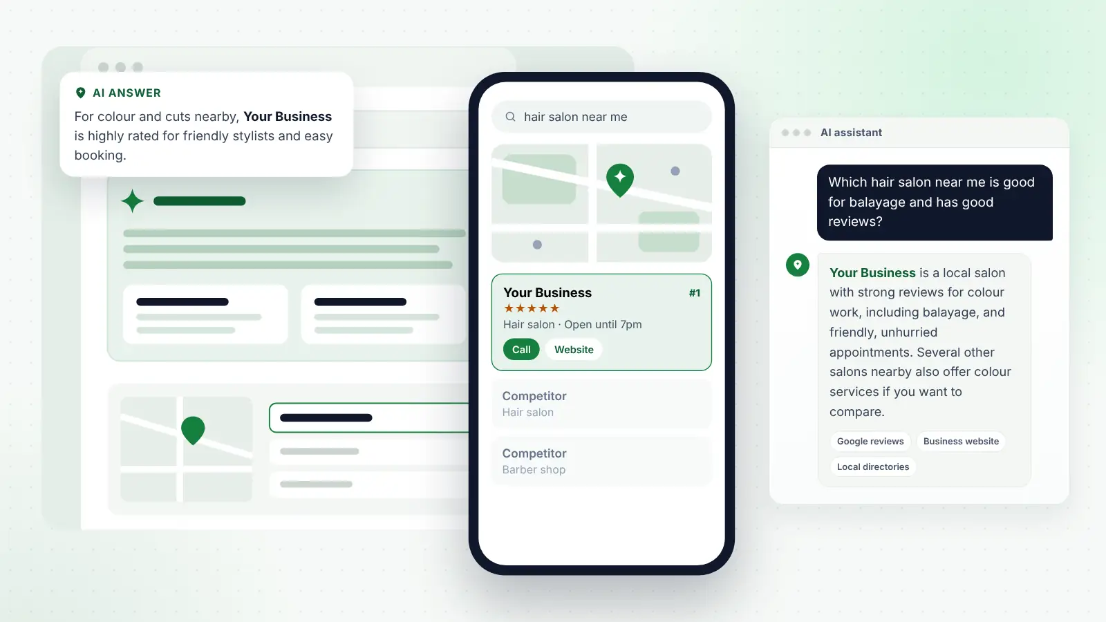 Illustration: Your Business ranked first on Google Maps for “hair salon near me” and recommended by an AI assistant