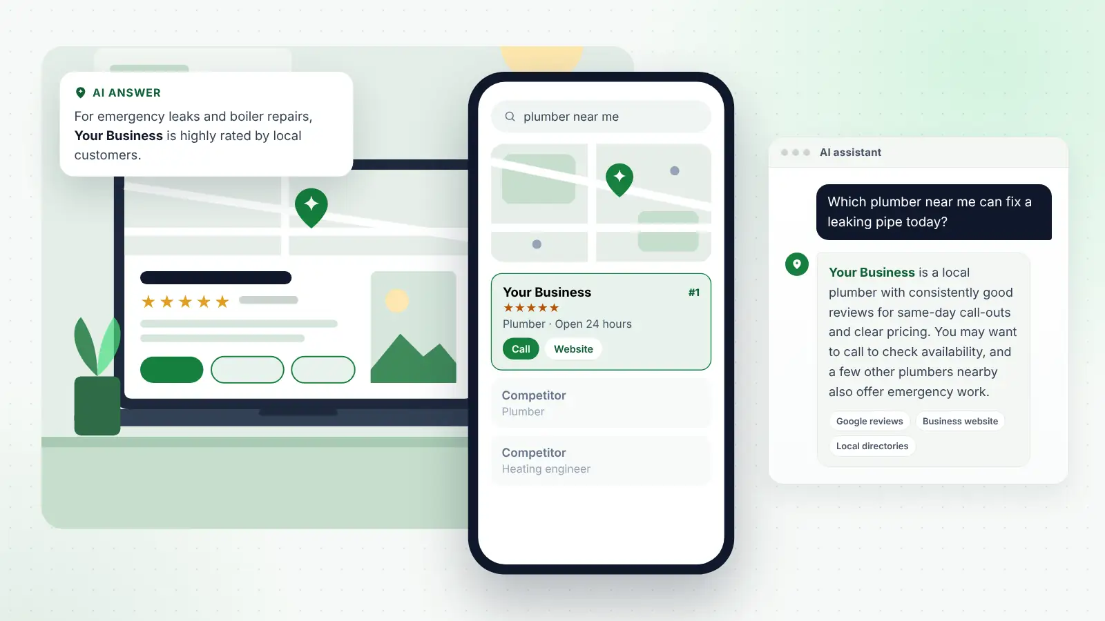 Illustration: Your Business ranked first on Google Maps for “plumber near me” and recommended by an AI assistant