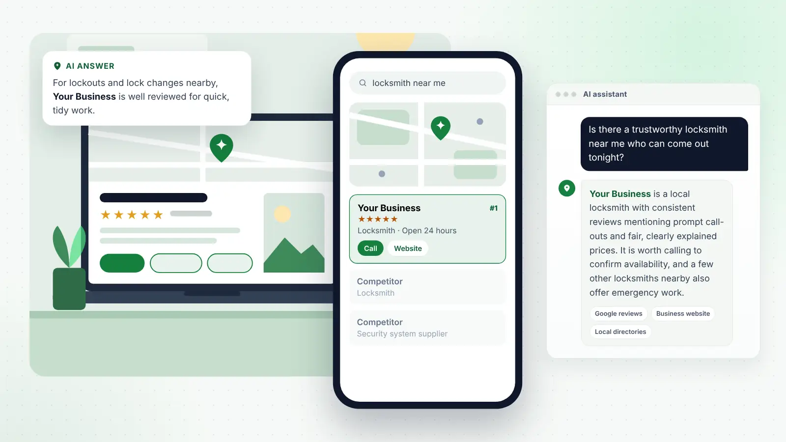Illustration: Your Business ranked first on Google Maps for “locksmith near me” and recommended by an AI assistant