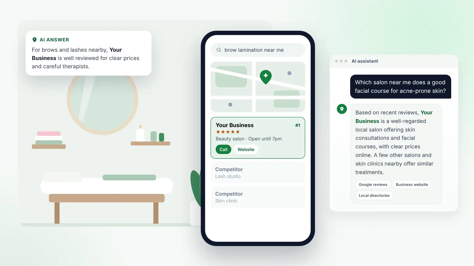 Illustration: Your Business ranked first on Google Maps for “brow lamination near me” and recommended by an AI assistant