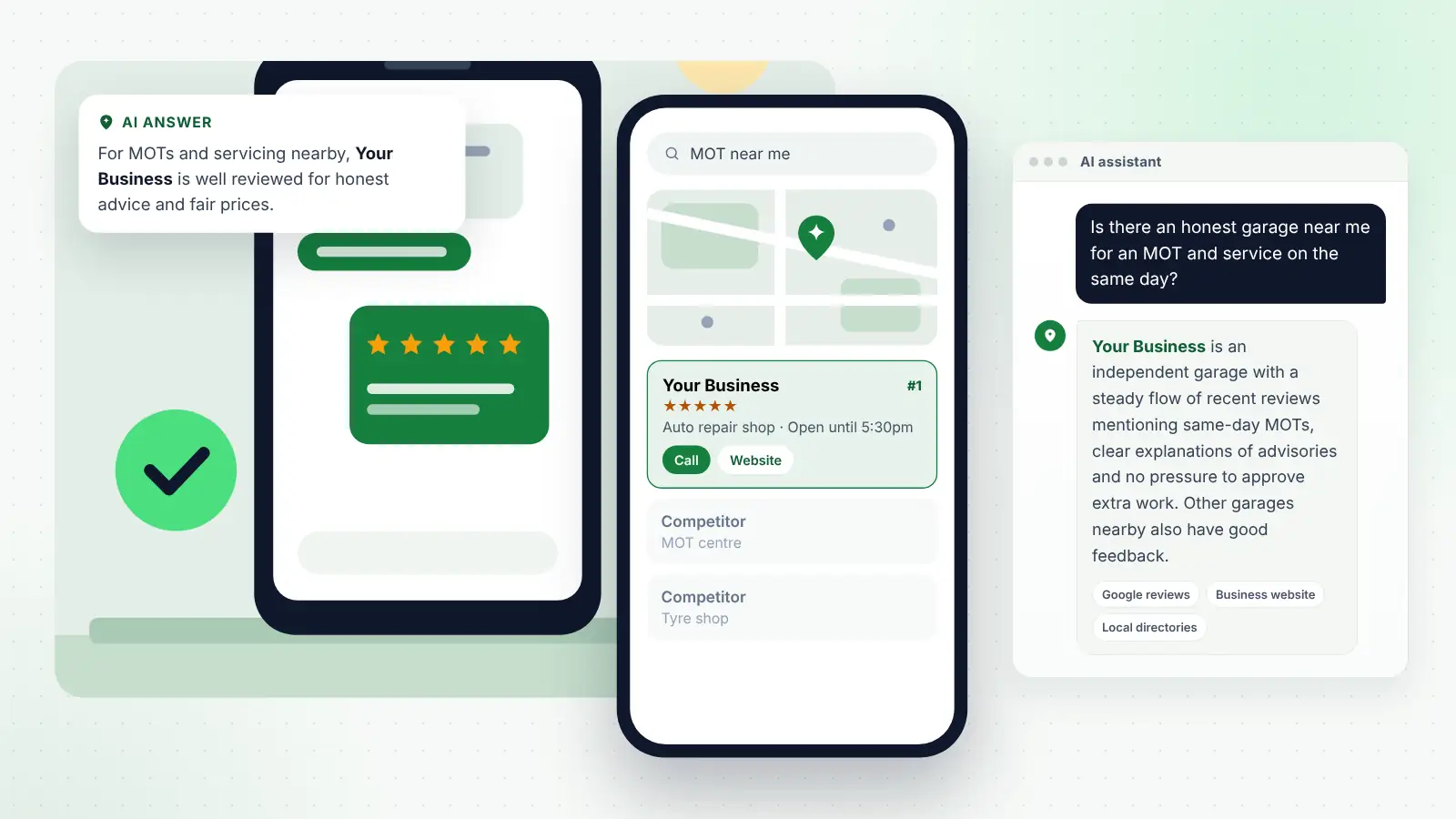 Illustration: Your Business ranked first on Google Maps for “MOT near me” and recommended by an AI assistant