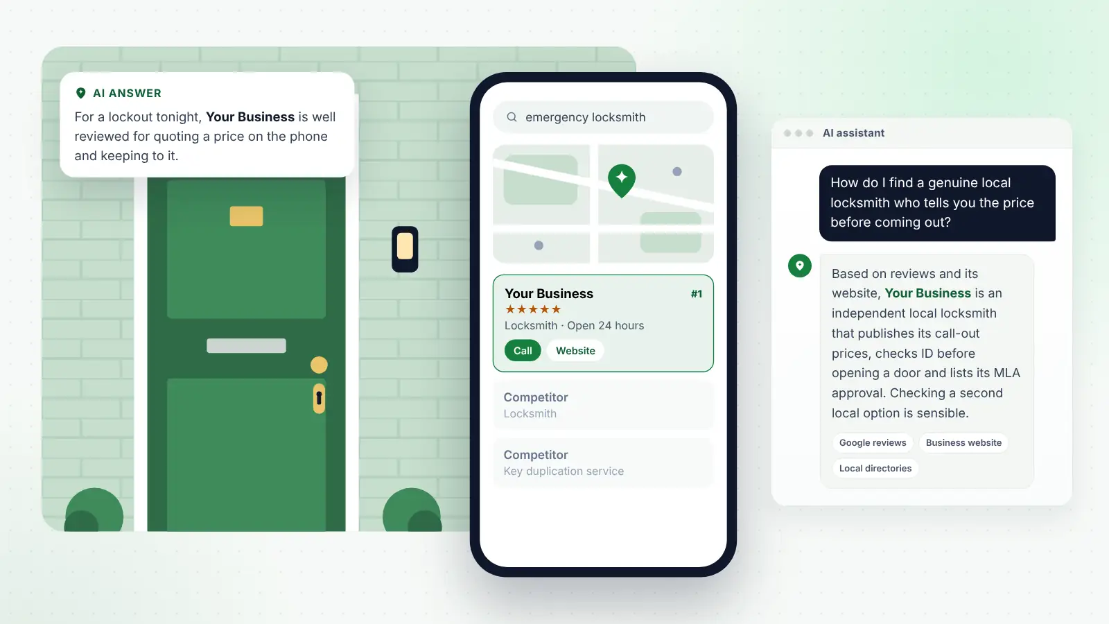 Illustration: Your Business ranked first on Google Maps for “emergency locksmith” and recommended by an AI assistant