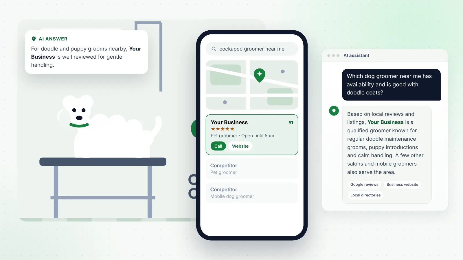 Illustration: Your Business ranked first on Google Maps for “cockapoo groomer near me” and recommended by an AI assistant