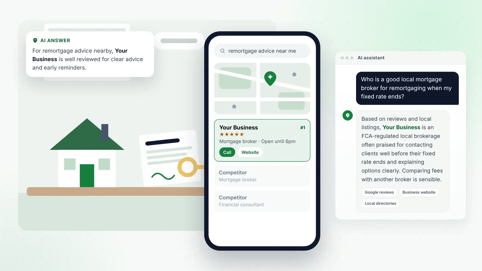 Illustration: Your Business ranked first on Google Maps for “remortgage advice near me” and recommended by an AI assistant
