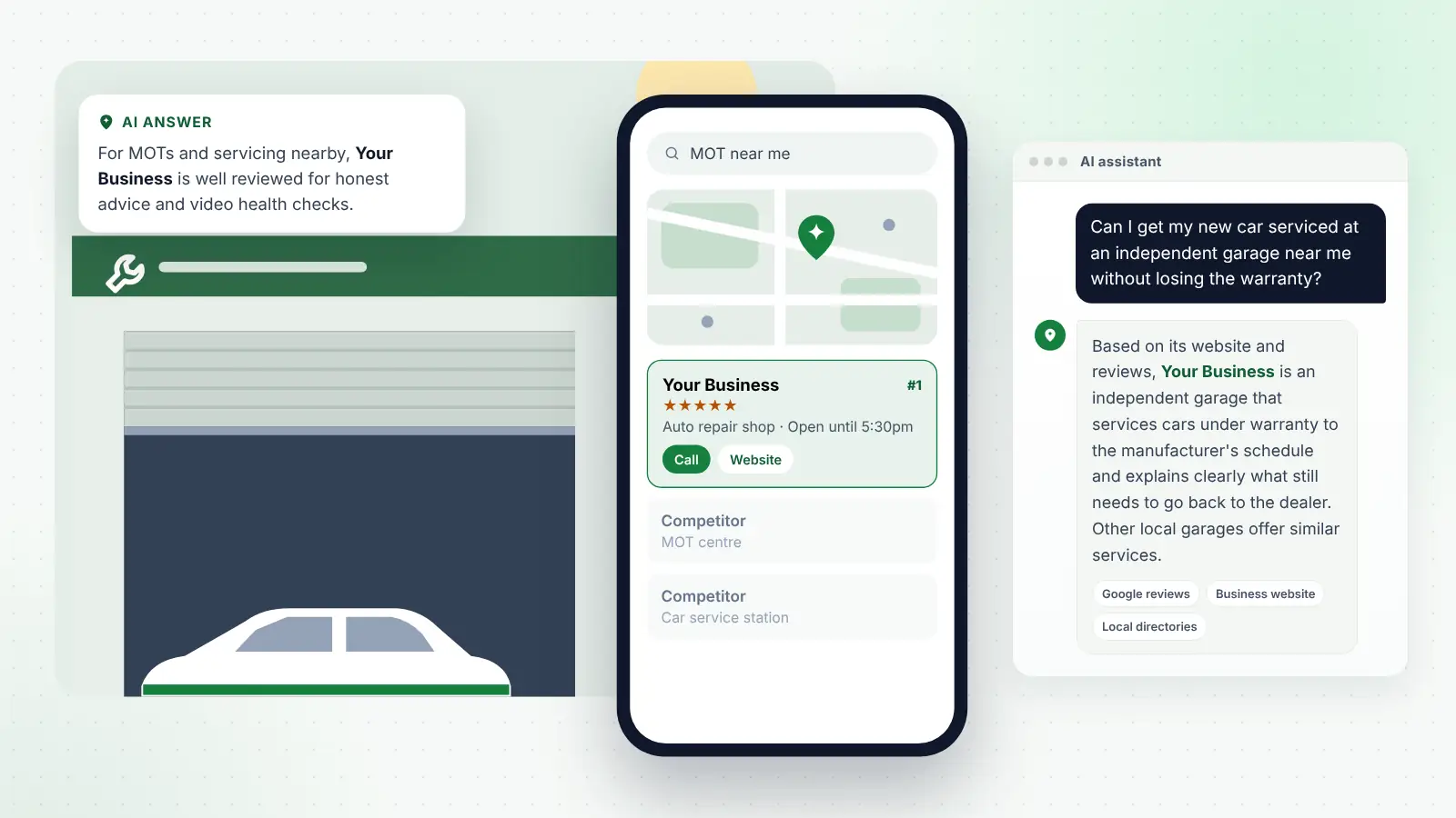 Illustration: Your Business ranked first on Google Maps for “MOT near me” and recommended by an AI assistant
