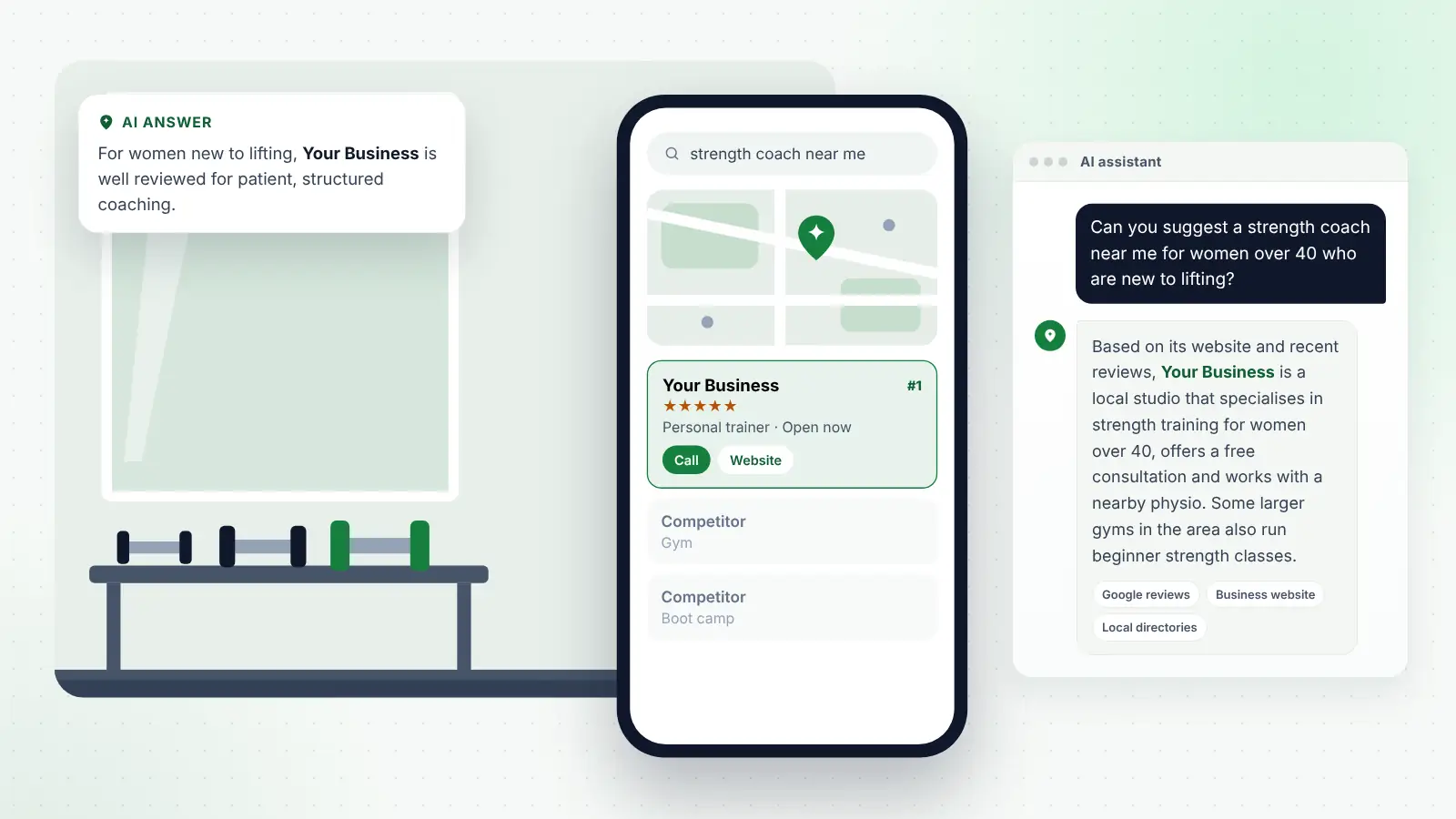 Illustration: Your Business ranked first on Google Maps for “strength coach near me” and recommended by an AI assistant