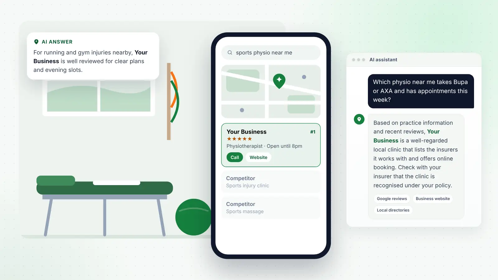 Illustration: Your Business ranked first on Google Maps for “sports physio near me” and recommended by an AI assistant