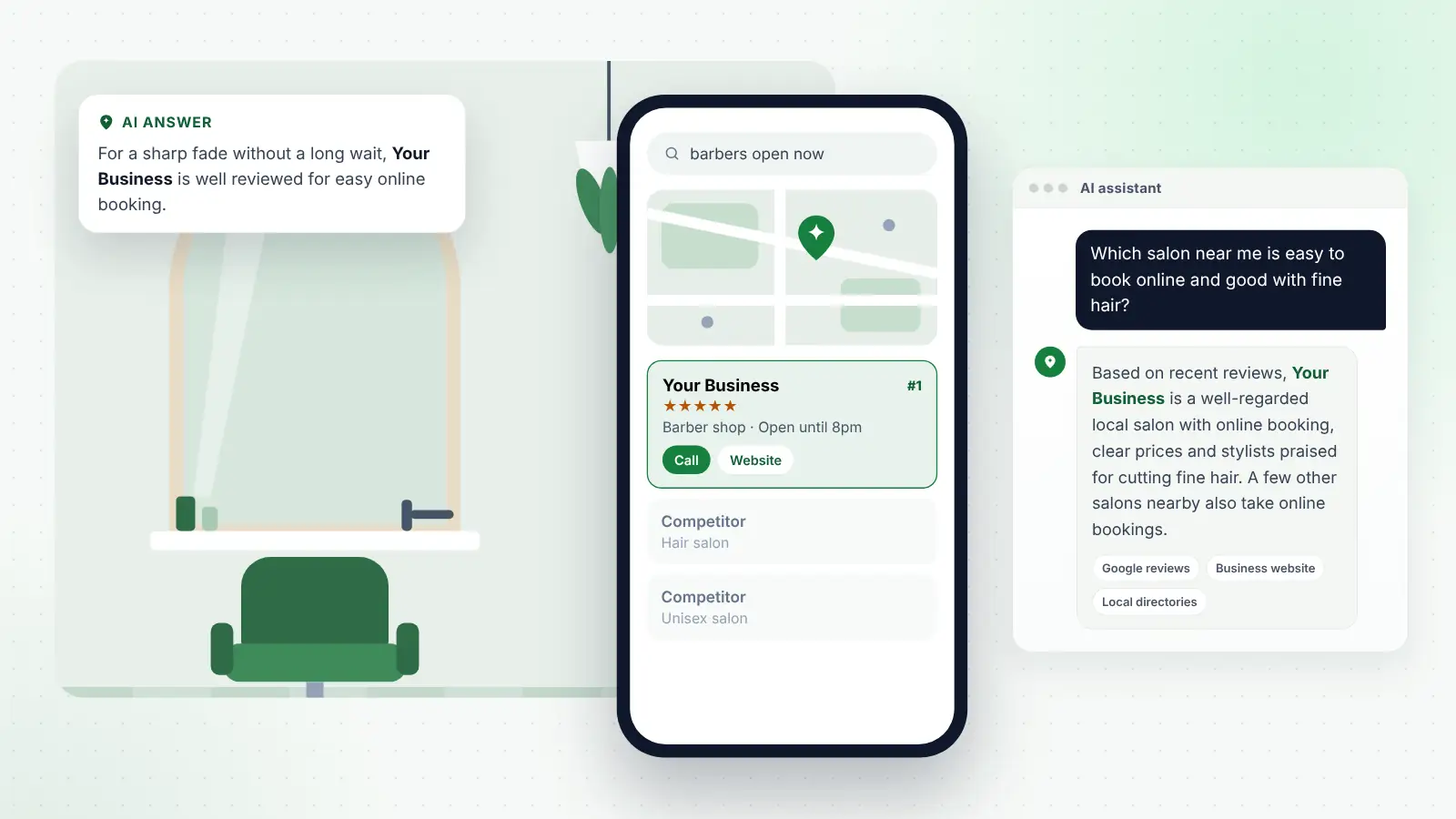 Illustration: Your Business ranked first on Google Maps for “barbers open now” and recommended by an AI assistant