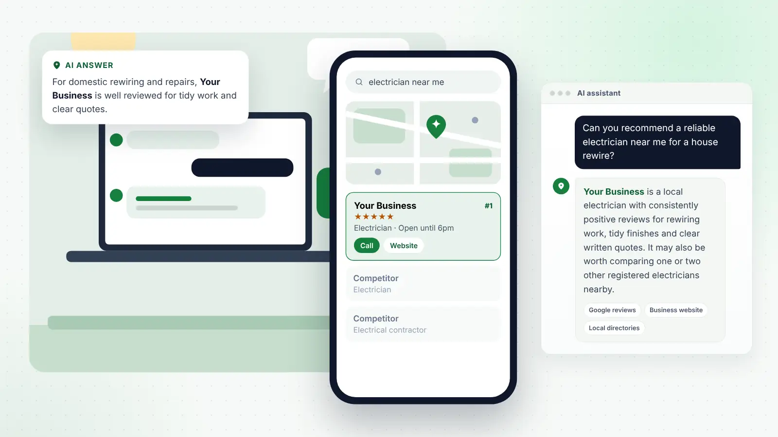 Illustration: Your Business ranked first on Google Maps for “electrician near me” and recommended by an AI assistant