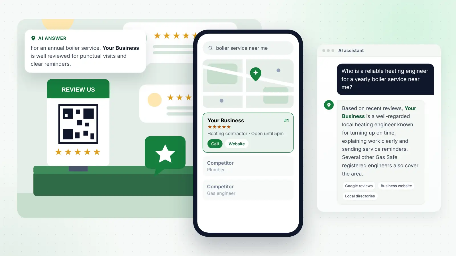 Illustration: Your Business ranked first on Google Maps for “boiler service near me” and recommended by an AI assistant