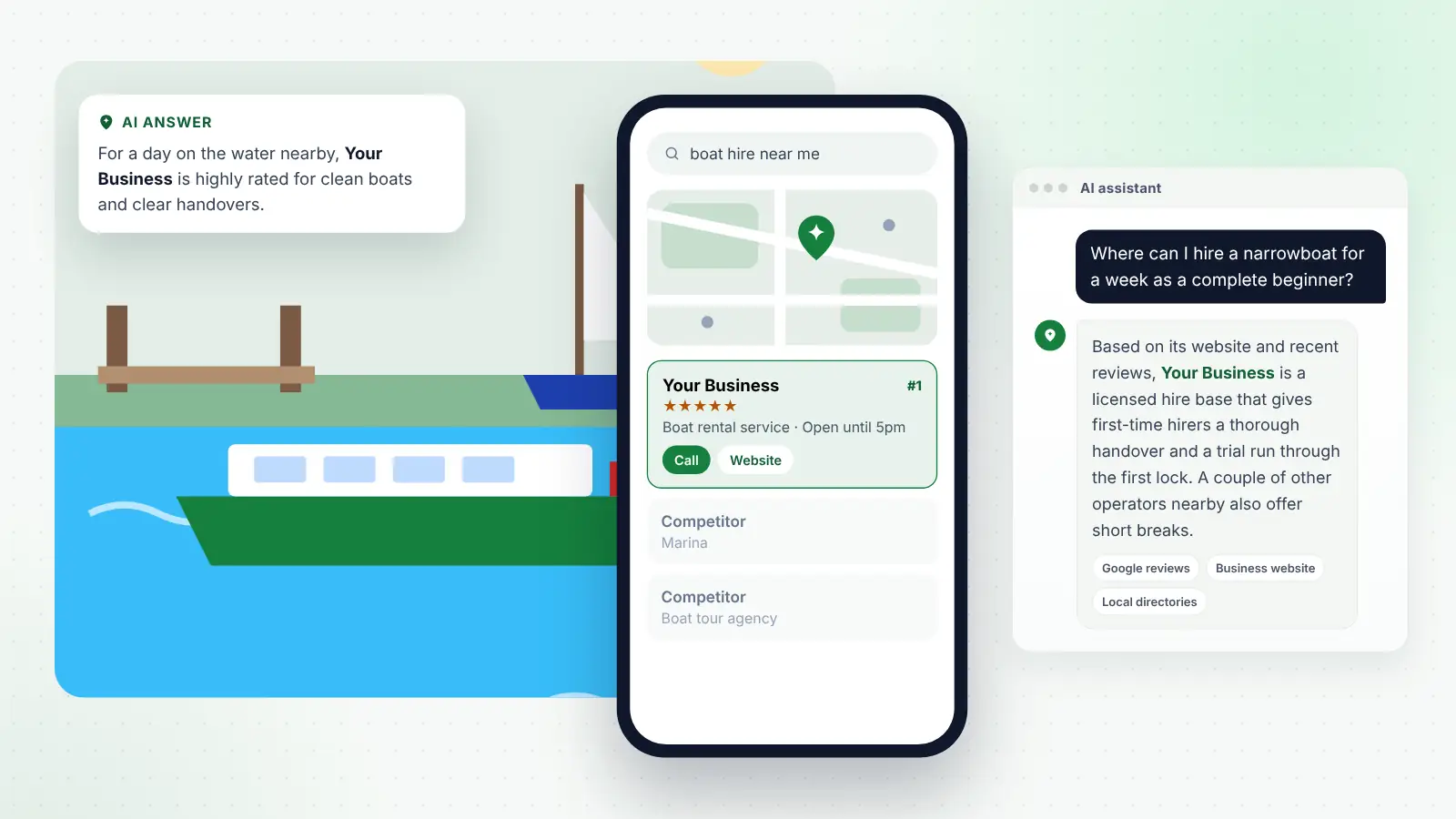Illustration: Your Business ranked first on Google Maps for “boat hire near me” and recommended by an AI assistant