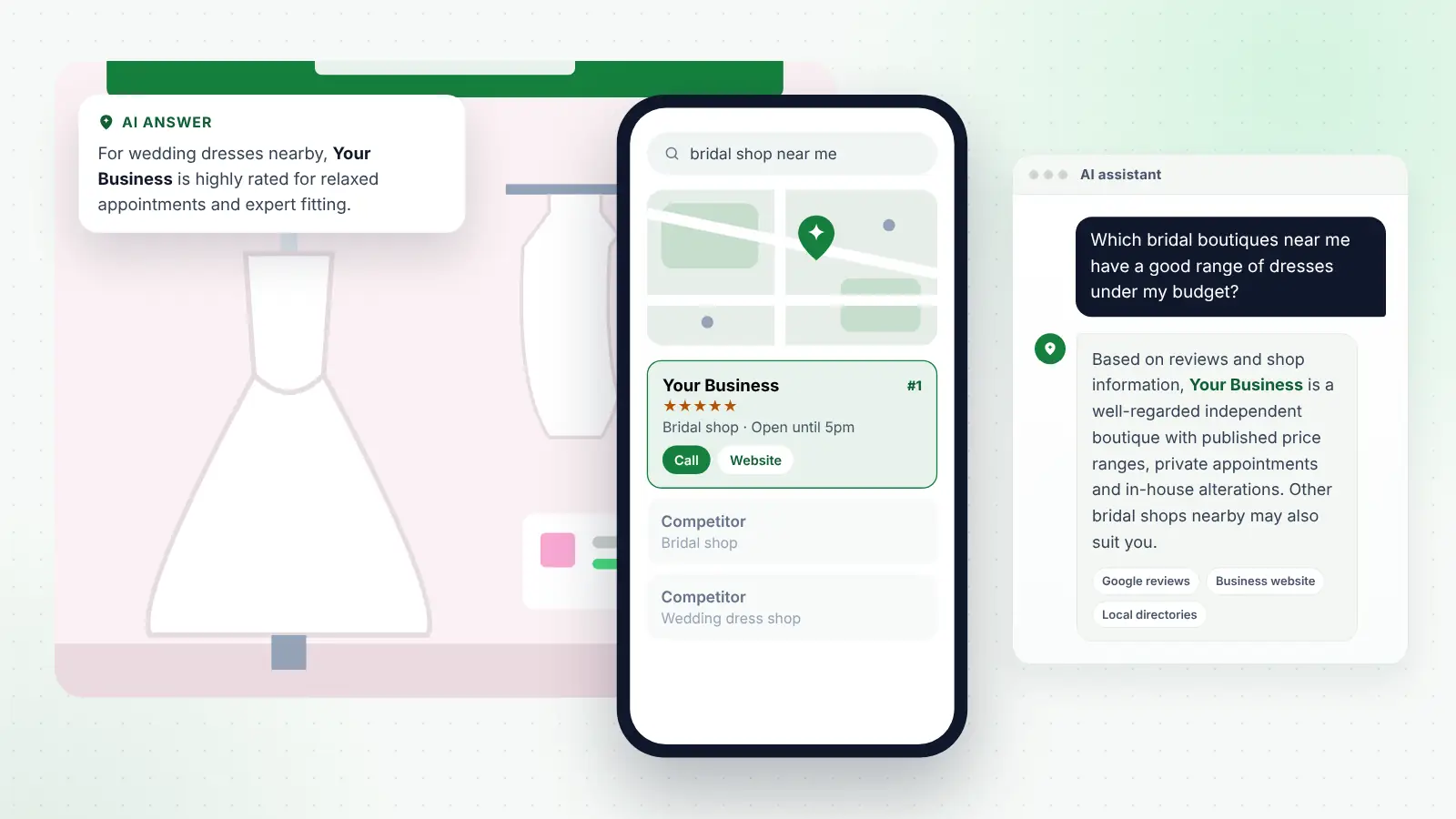 Illustration: Your Business ranked first on Google Maps for “bridal shop near me” and recommended by an AI assistant