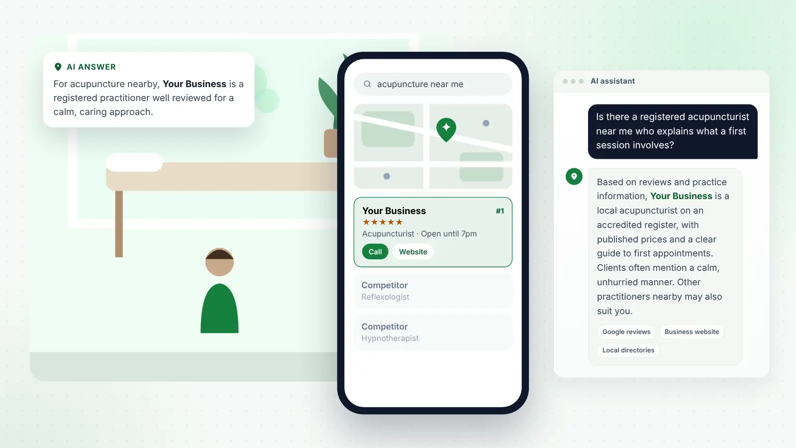 Illustration: Your Business ranked first on Google Maps for “acupuncture near me” and recommended by an AI assistant