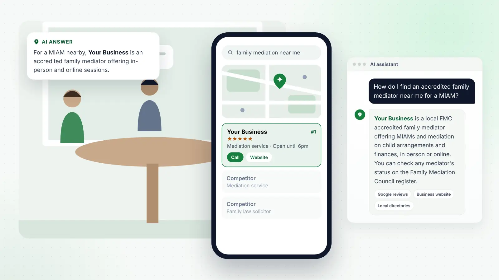 Illustration: Your Business ranked first on Google Maps for “family mediation near me” and recommended by an AI assistant