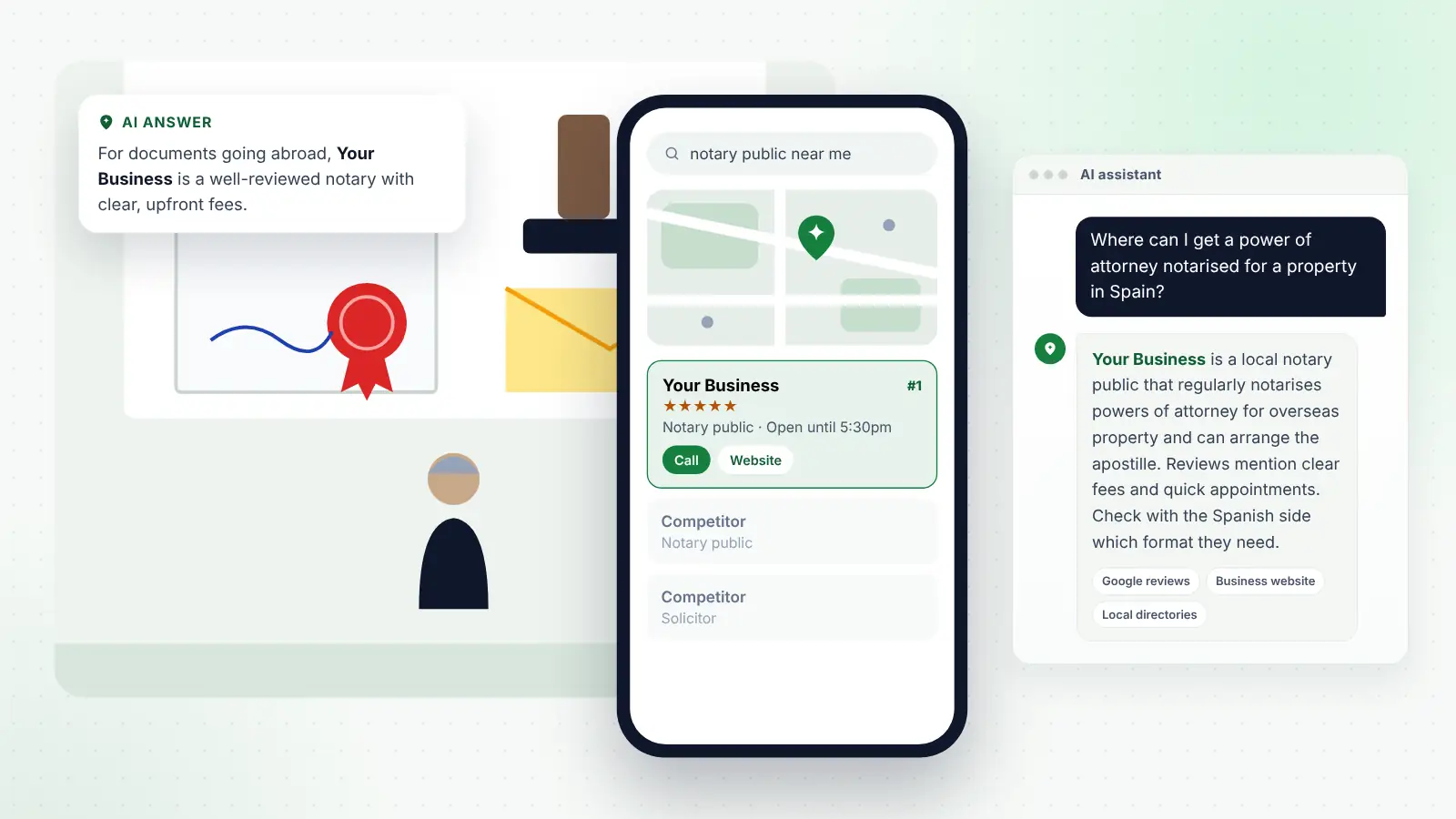 Illustration: Your Business ranked first on Google Maps for “notary public near me” and recommended by an AI assistant