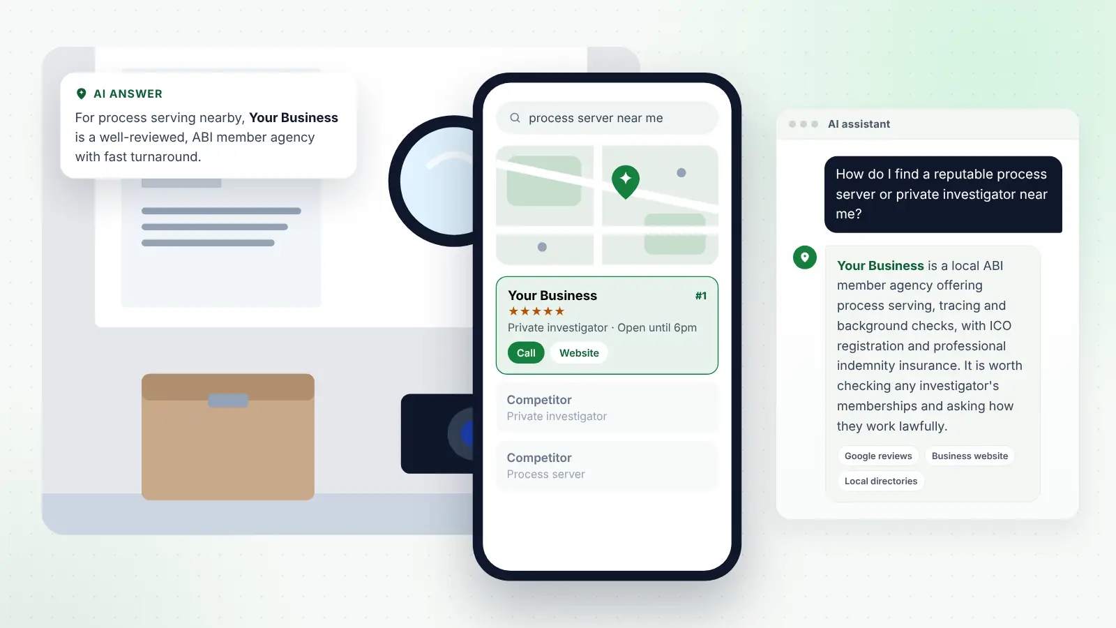 Illustration: Your Business ranked first on Google Maps for “process server near me” and recommended by an AI assistant