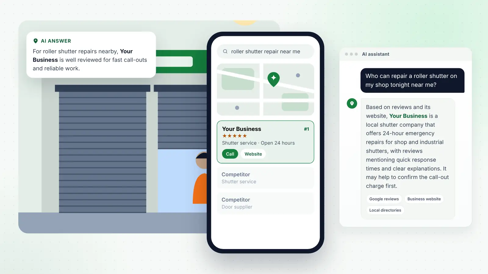 Illustration: Your Business ranked first on Google Maps for “roller shutter repair near me” and recommended by an AI assistant