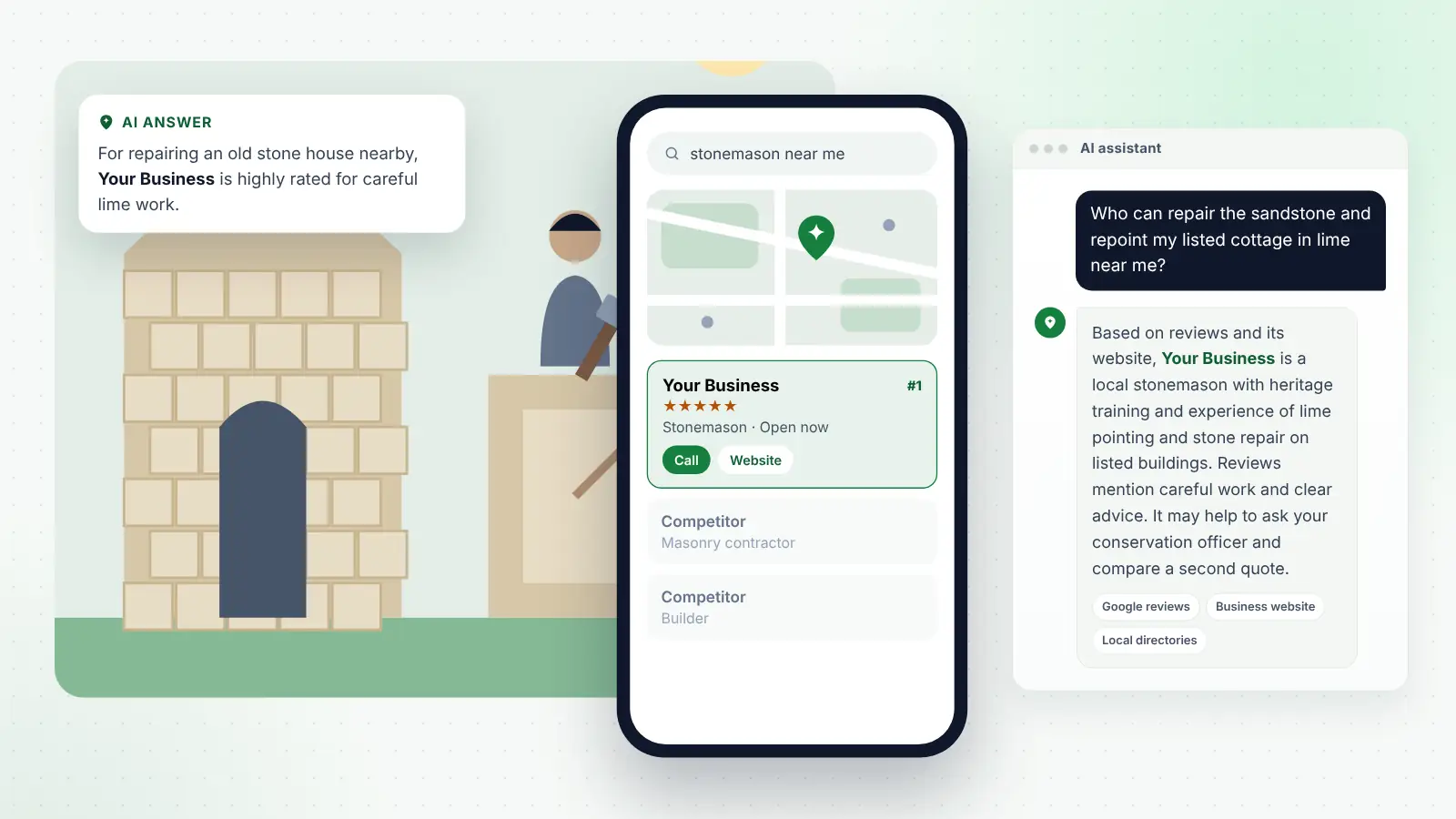 Illustration: Your Business ranked first on Google Maps for “stonemason near me” and recommended by an AI assistant
