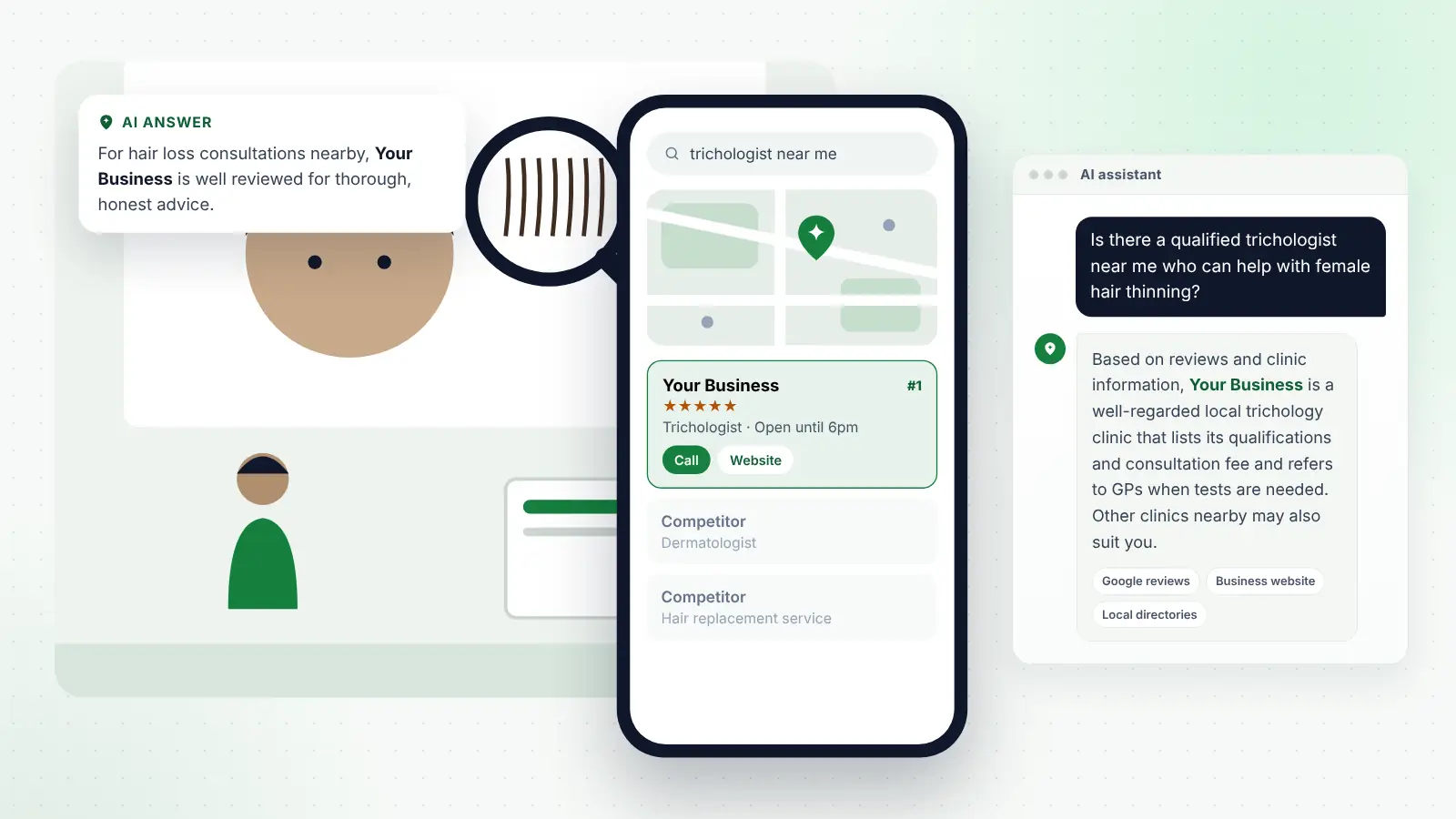 Illustration: Your Business ranked first on Google Maps for “trichologist near me” and recommended by an AI assistant