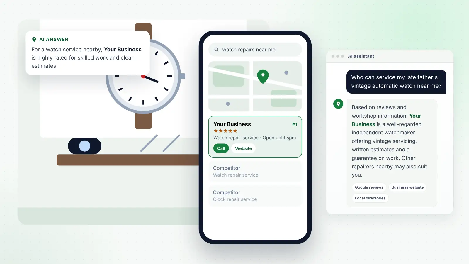 Illustration: Your Business ranked first on Google Maps for “watch repairs near me” and recommended by an AI assistant