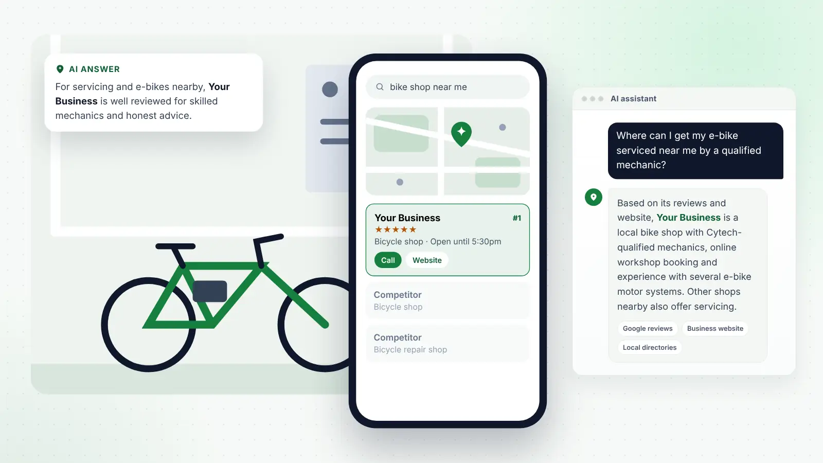 Illustration: Your Business ranked first on Google Maps for “bike shop near me” and recommended by an AI assistant