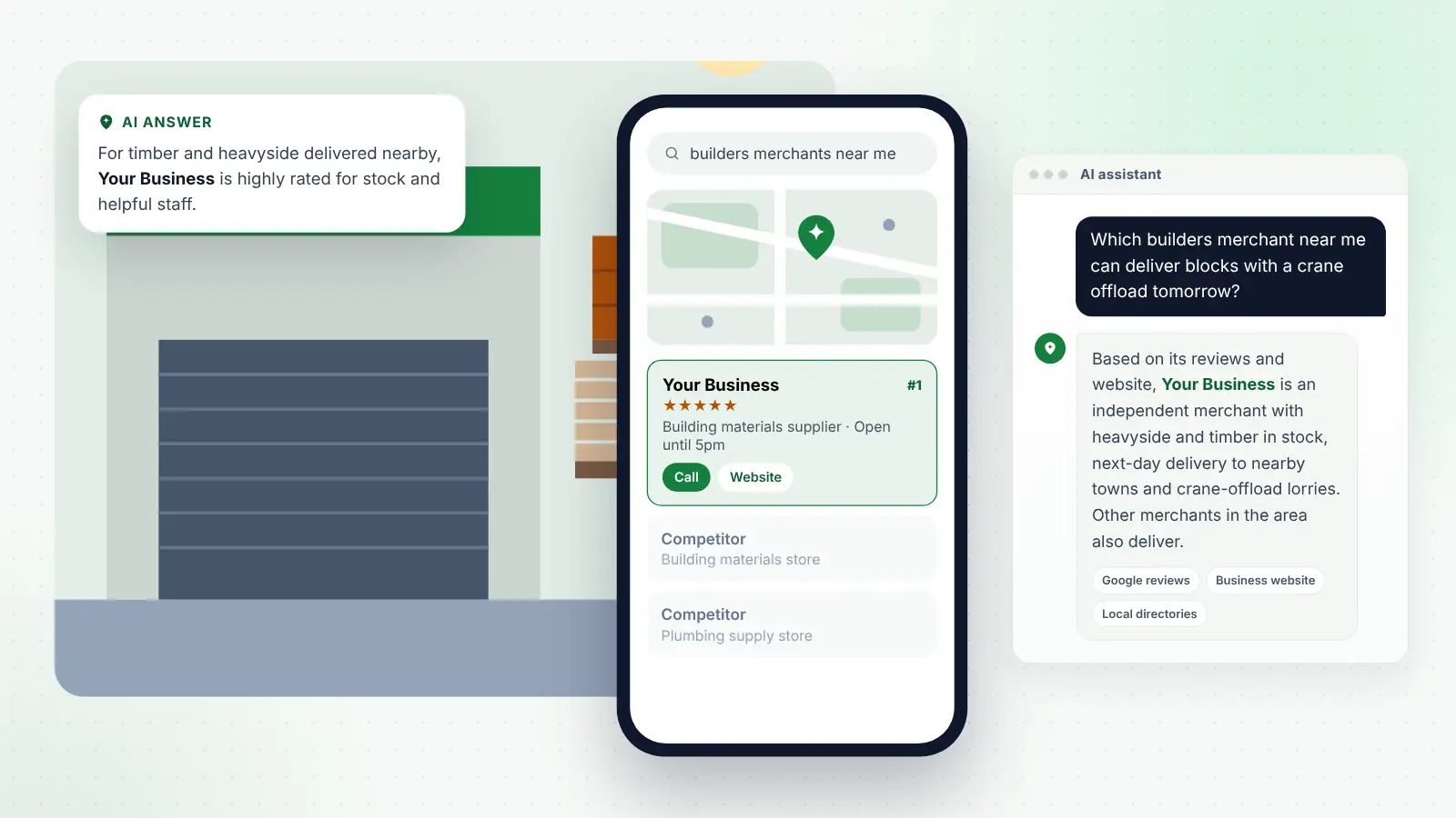 Illustration: Your Business ranked first on Google Maps for “builders merchants near me” and recommended by an AI assistant