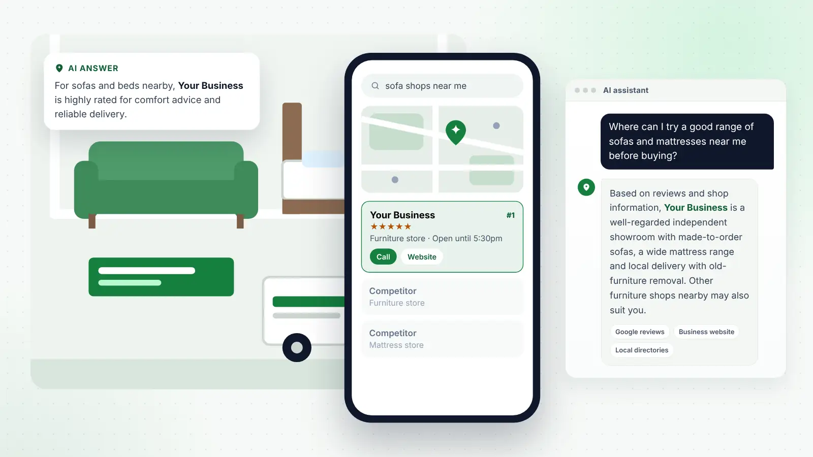 Illustration: Your Business ranked first on Google Maps for “sofa shops near me” and recommended by an AI assistant