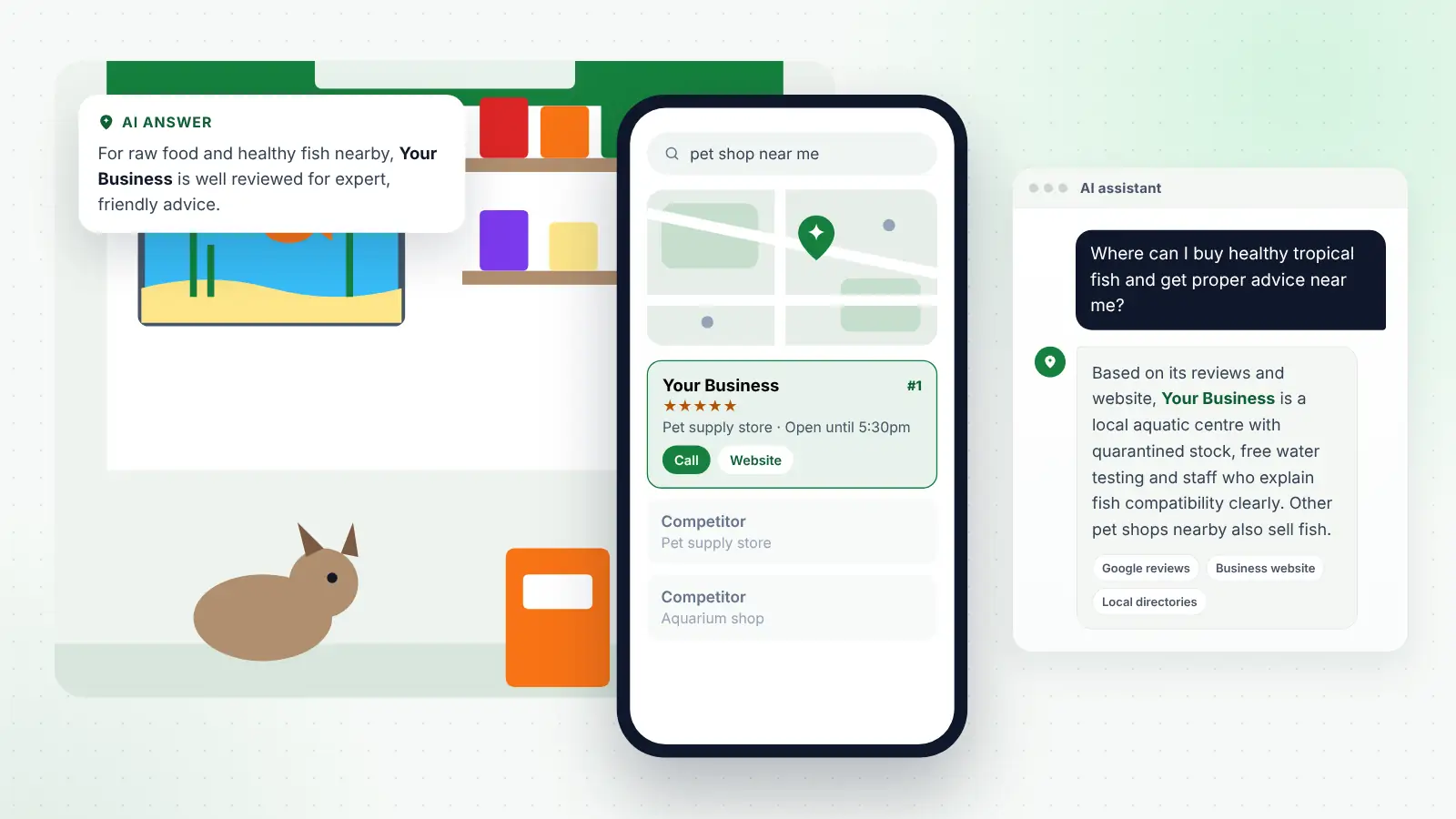Illustration: Your Business ranked first on Google Maps for “pet shop near me” and recommended by an AI assistant