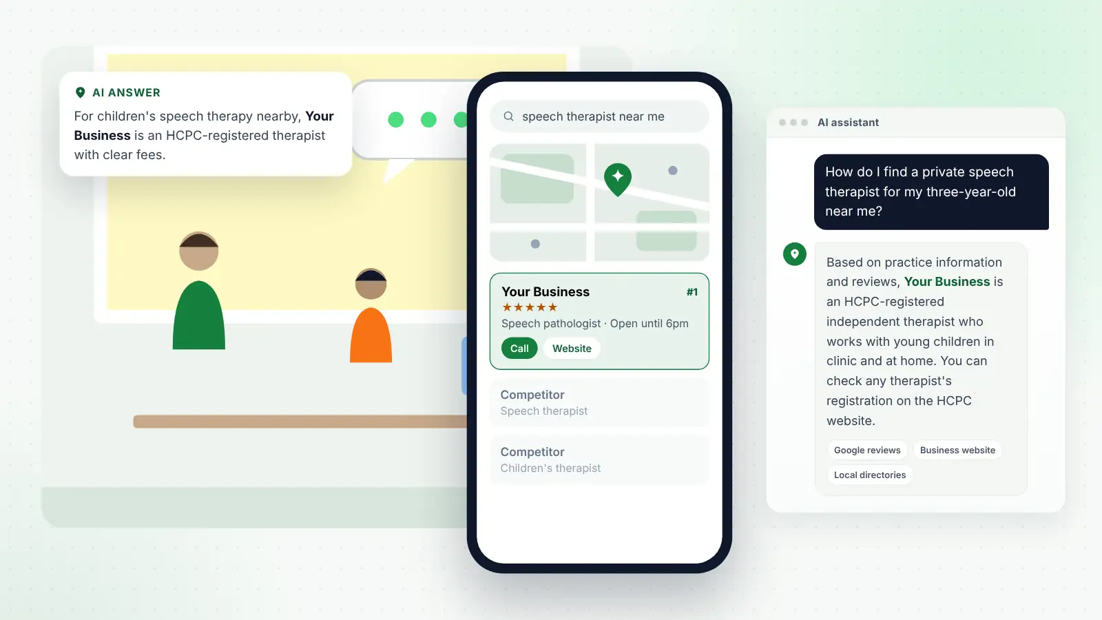 Illustration: Your Business ranked first on Google Maps for “speech therapist near me” and recommended by an AI assistant