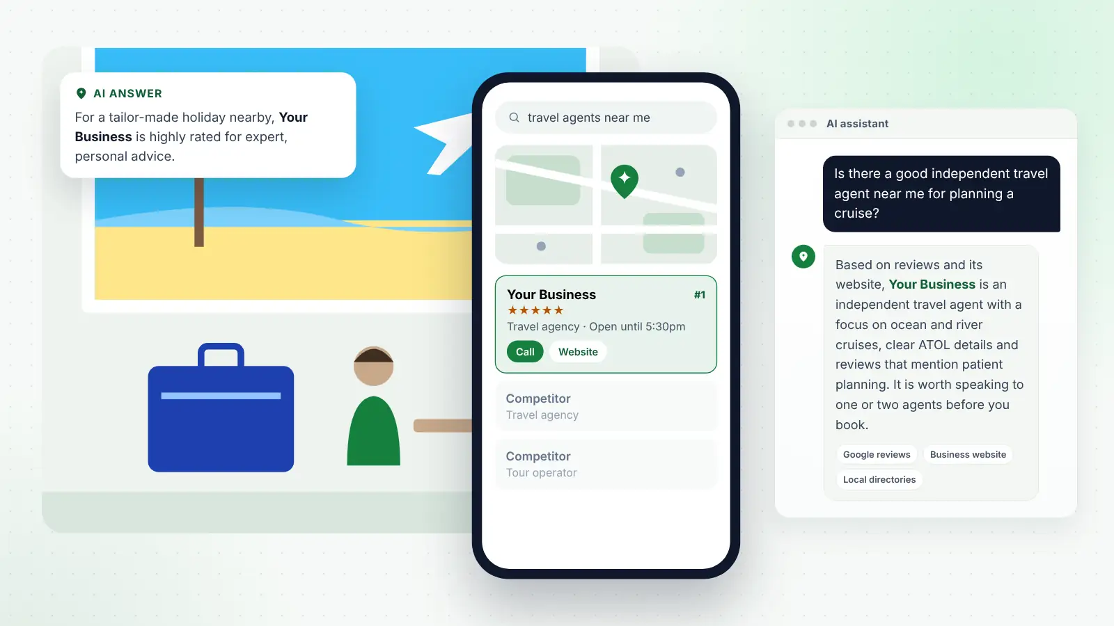 Illustration: Your Business ranked first on Google Maps for “travel agents near me” and recommended by an AI assistant