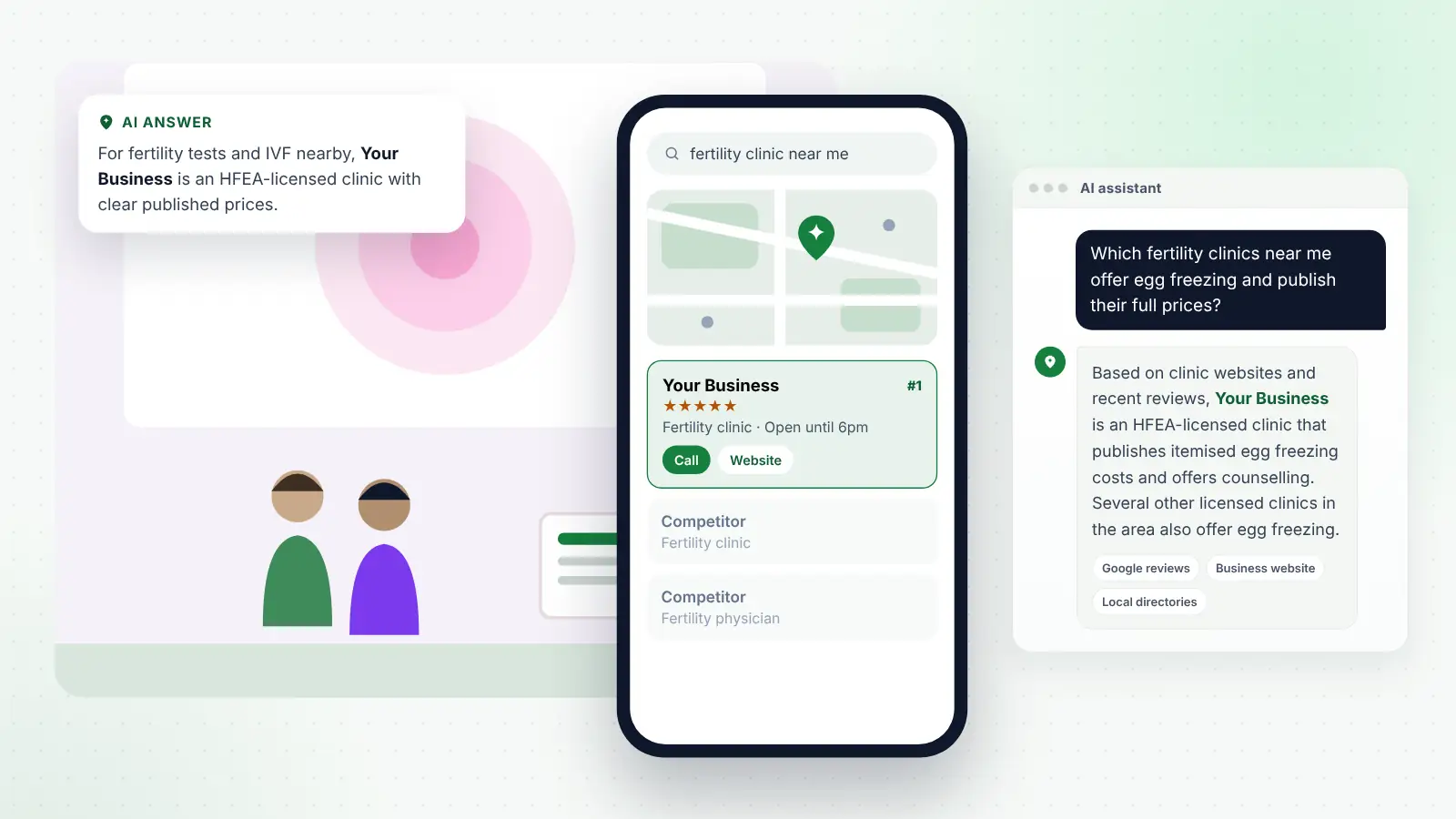 Illustration: Your Business ranked first on Google Maps for “fertility clinic near me” and recommended by an AI assistant
