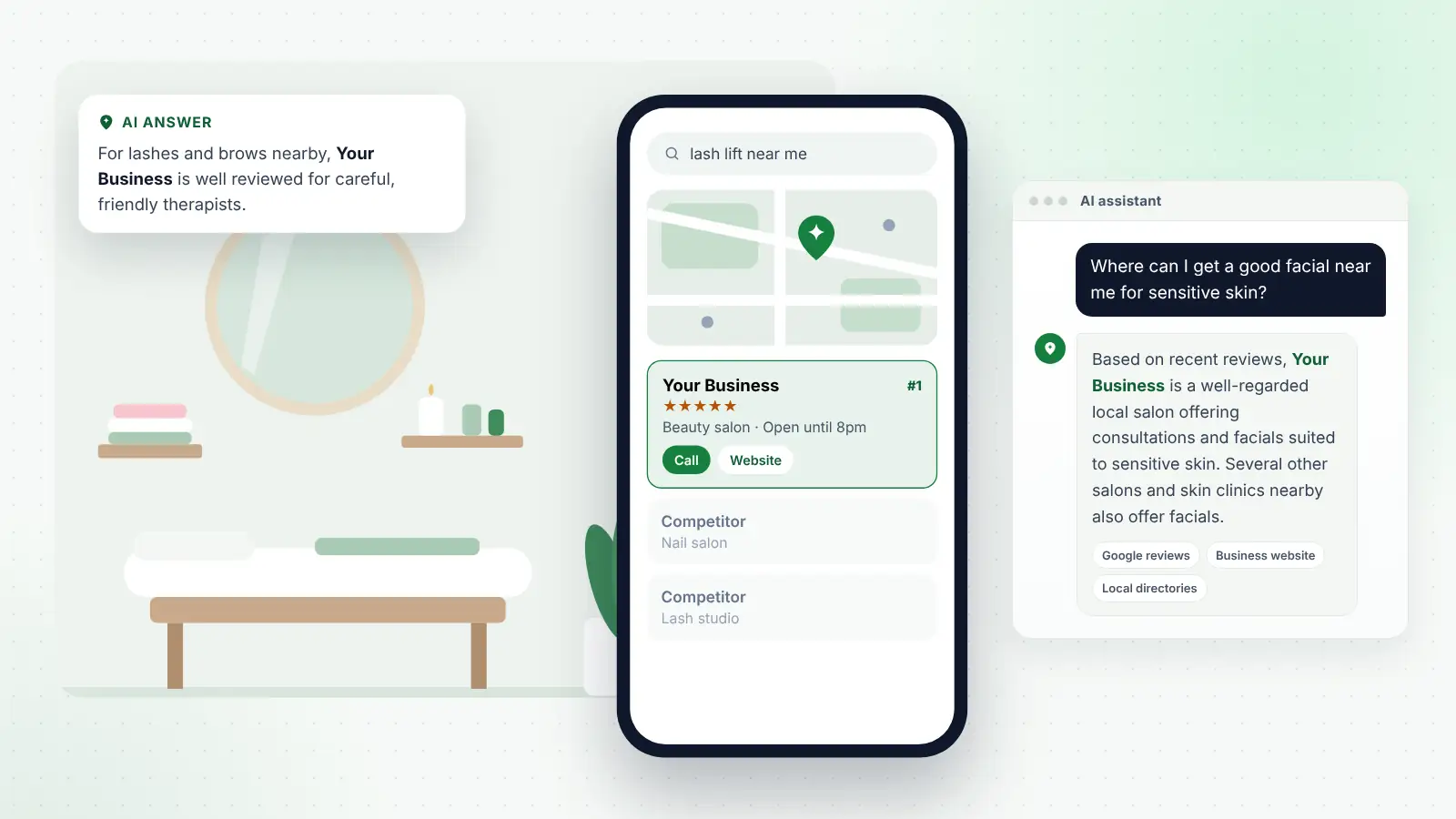 Illustration: Your Business ranked first on Google Maps for “lash lift near me” and recommended by an AI assistant