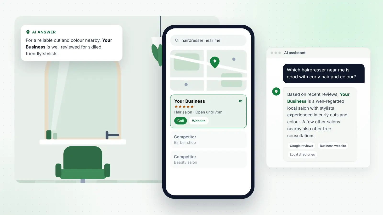 Illustration: Your Business ranked first on Google Maps for “hairdresser near me” and recommended by an AI assistant