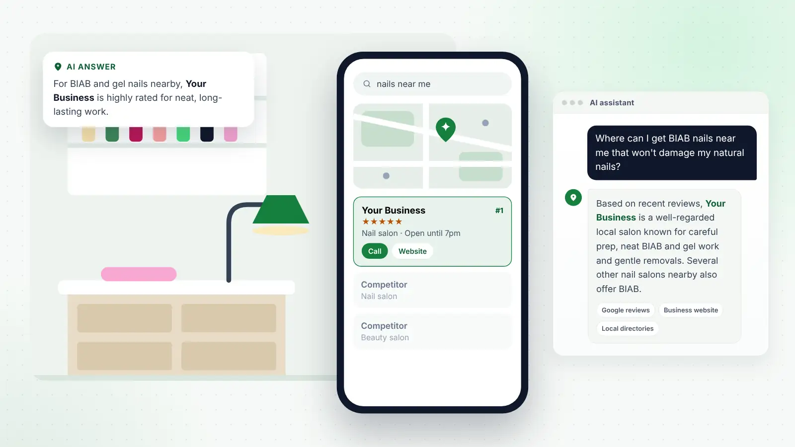 Illustration: Your Business ranked first on Google Maps for “nails near me” and recommended by an AI assistant
