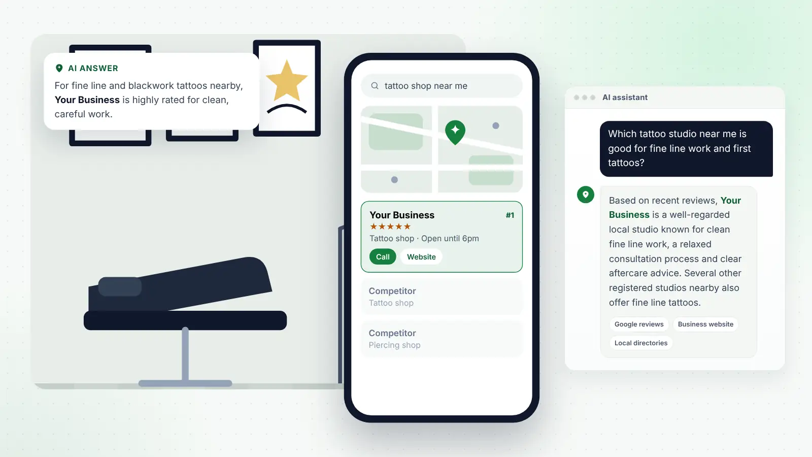 Illustration: Your Business ranked first on Google Maps for “tattoo shop near me” and recommended by an AI assistant