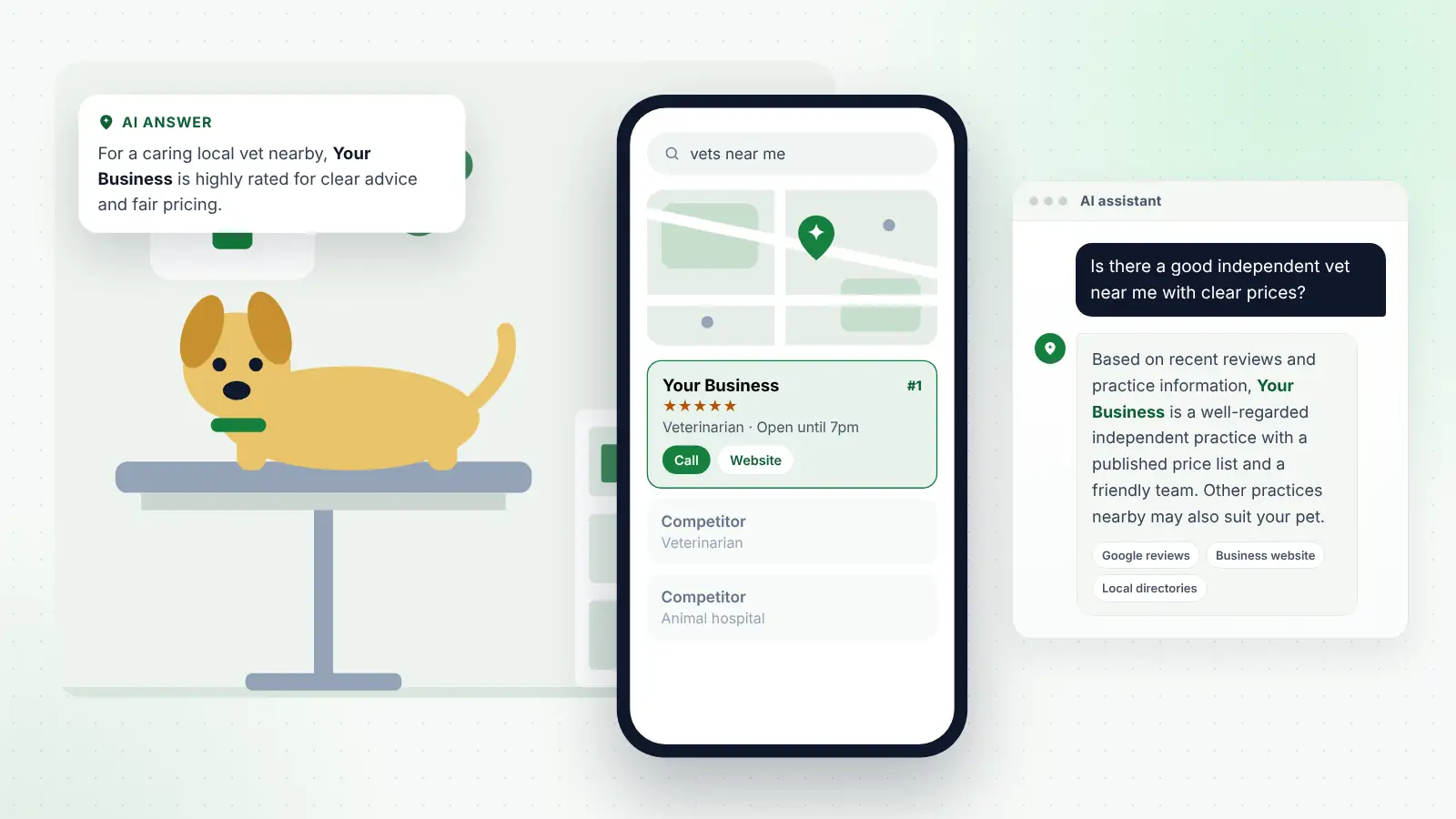 Illustration: Your Business ranked first on Google Maps for “vets near me” and recommended by an AI assistant