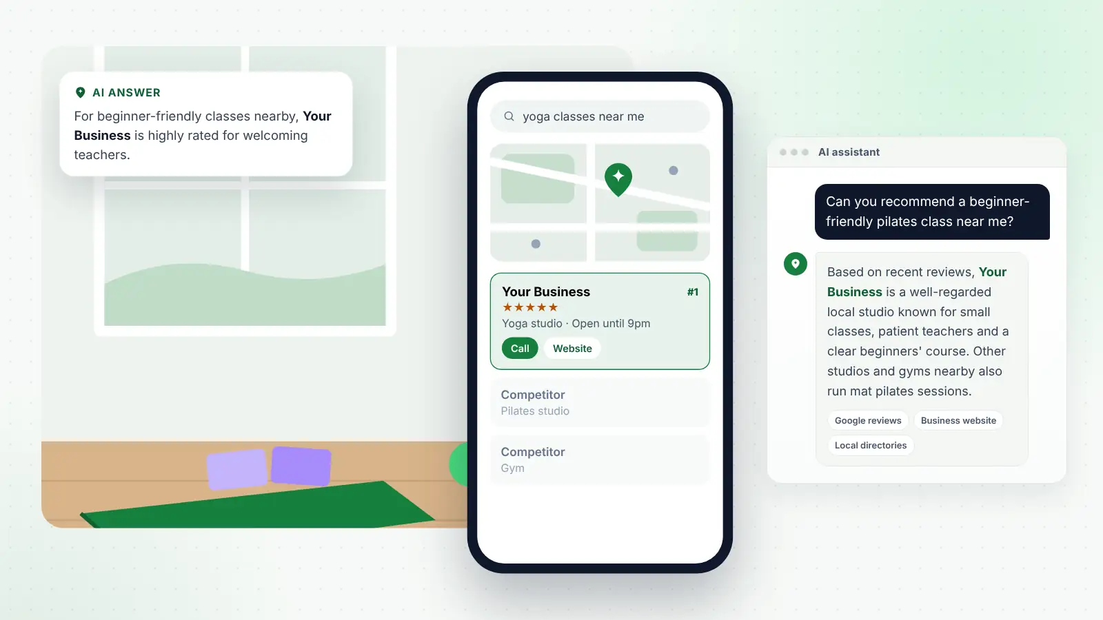 Illustration: Your Business ranked first on Google Maps for “yoga classes near me” and recommended by an AI assistant
