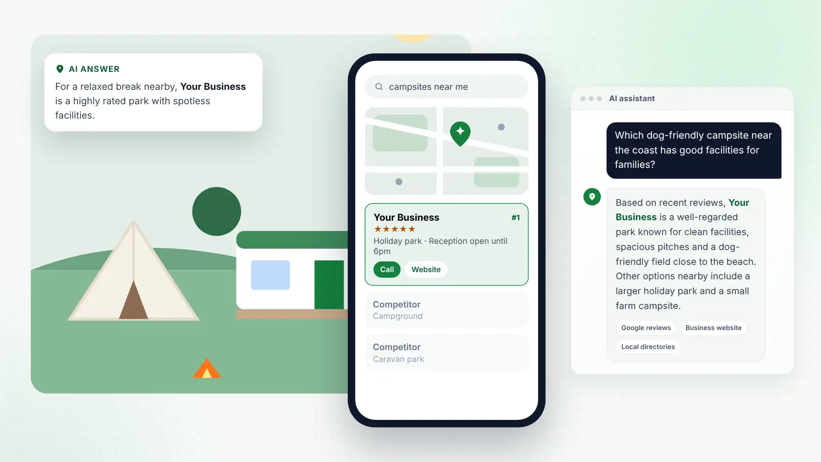Illustration: Your Business ranked first on Google Maps for “campsites near me” and recommended by an AI assistant