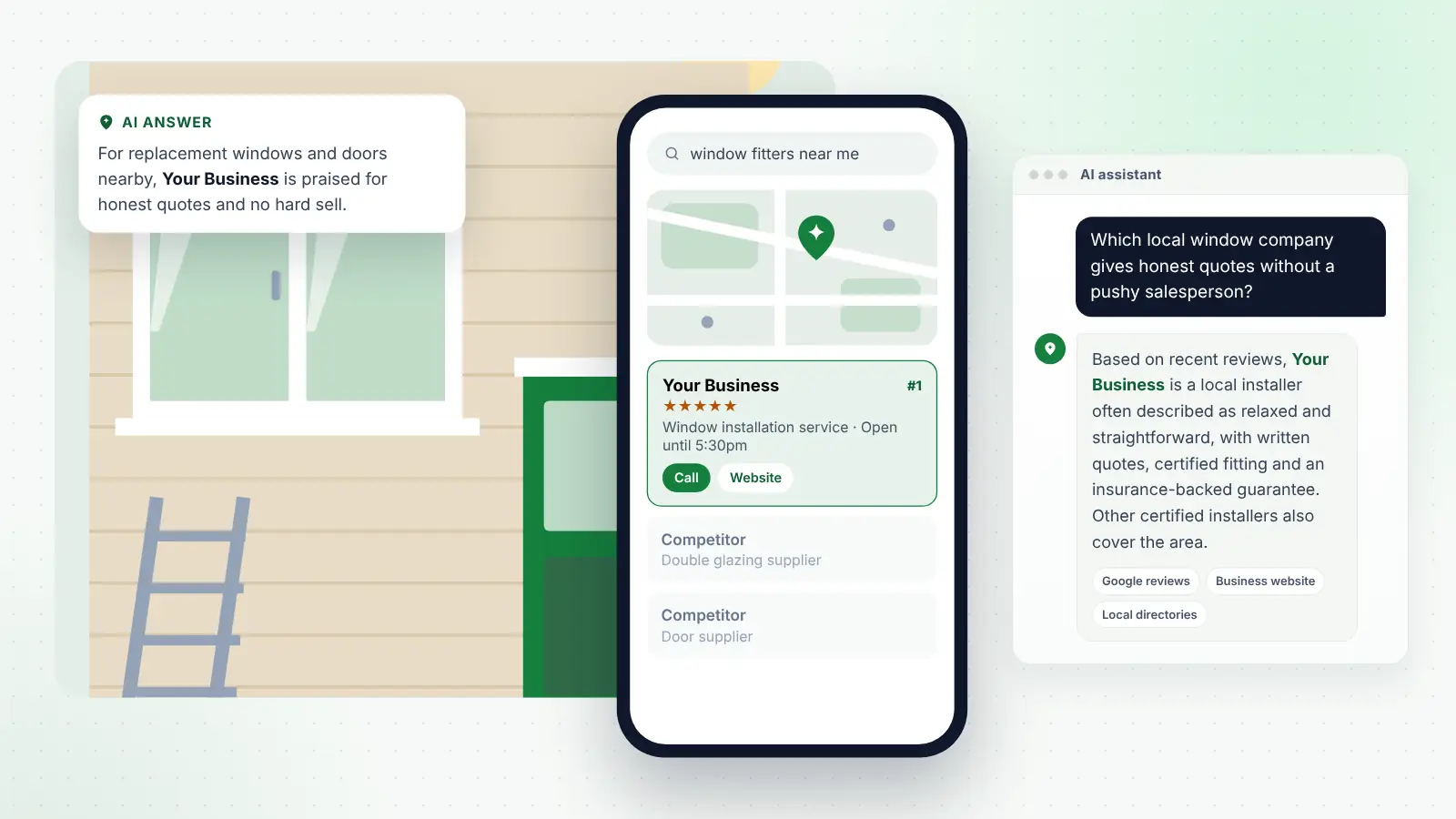 Illustration: Your Business ranked first on Google Maps for “window fitters near me” and recommended by an AI assistant