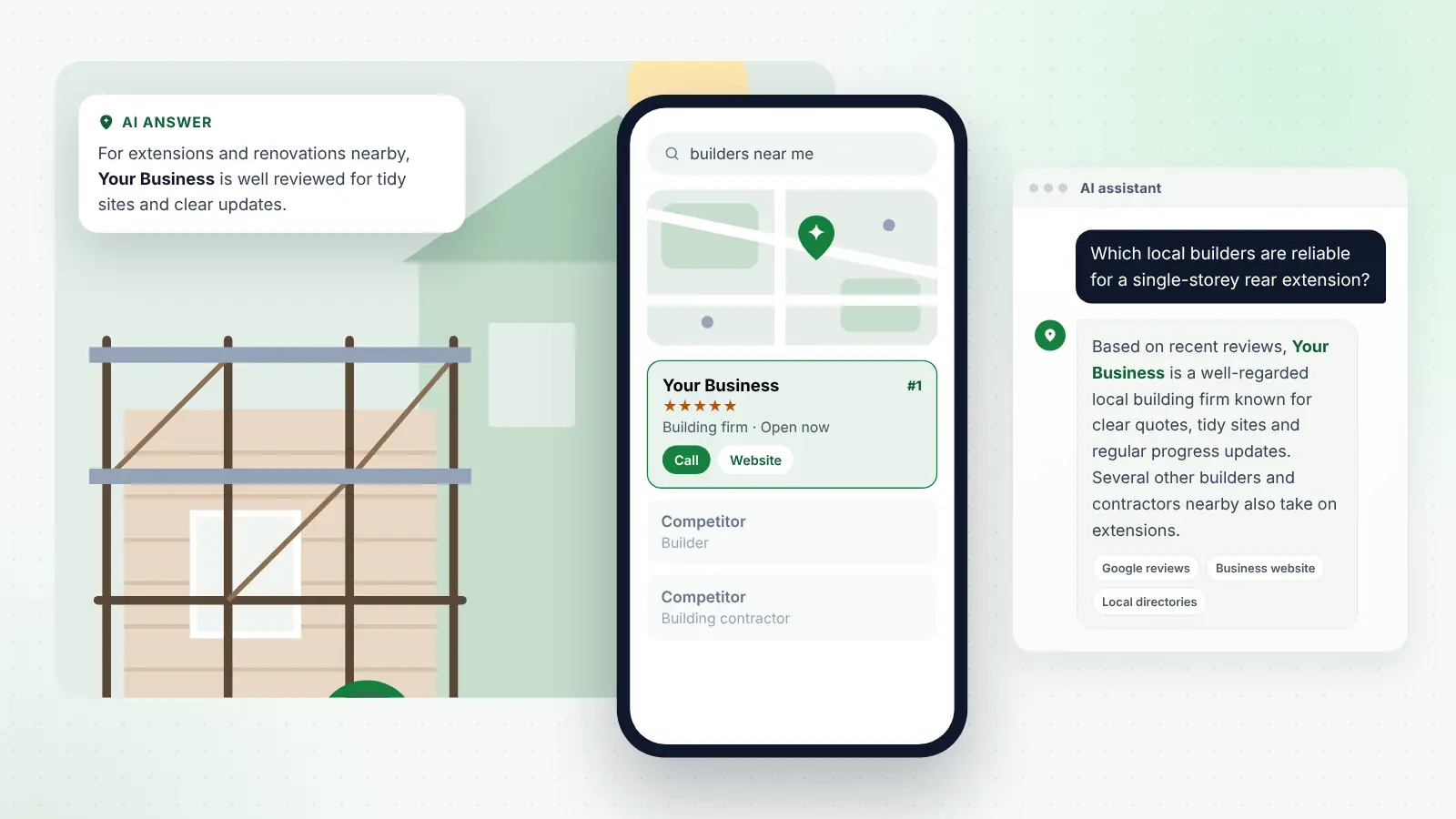 Illustration: Your Business ranked first on Google Maps for “builders near me” and recommended by an AI assistant
