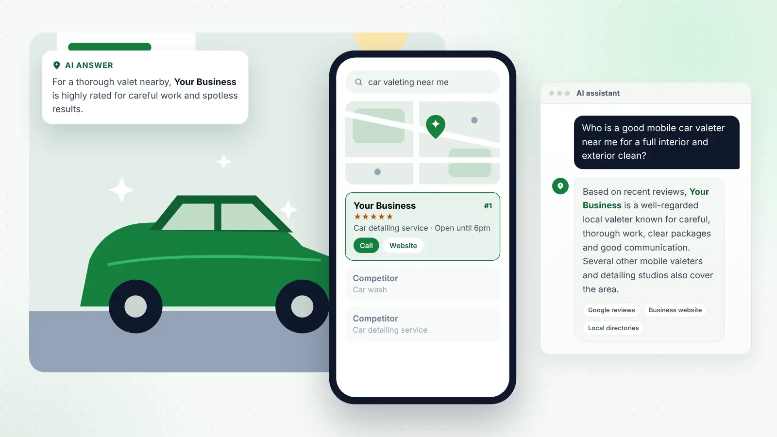 Illustration: Your Business ranked first on Google Maps for “car valeting near me” and recommended by an AI assistant