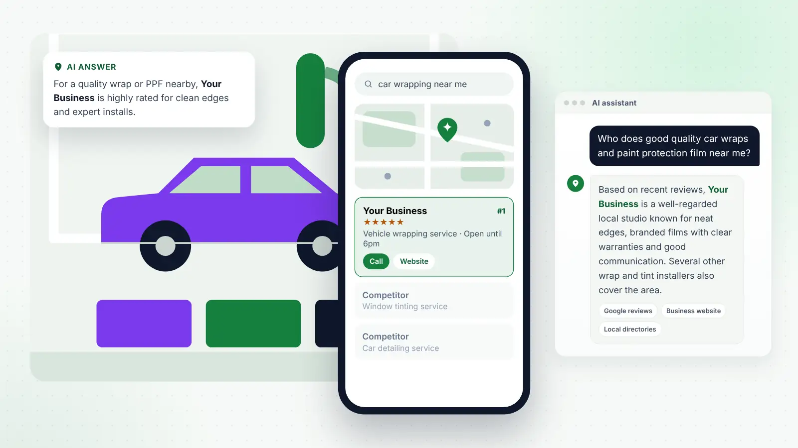 Illustration: Your Business ranked first on Google Maps for “car wrapping near me” and recommended by an AI assistant