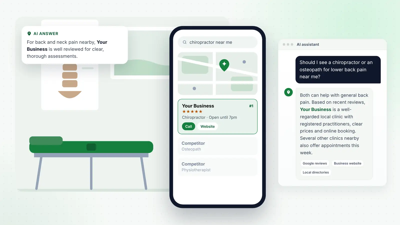 Illustration: Your Business ranked first on Google Maps for “chiropractor near me” and recommended by an AI assistant