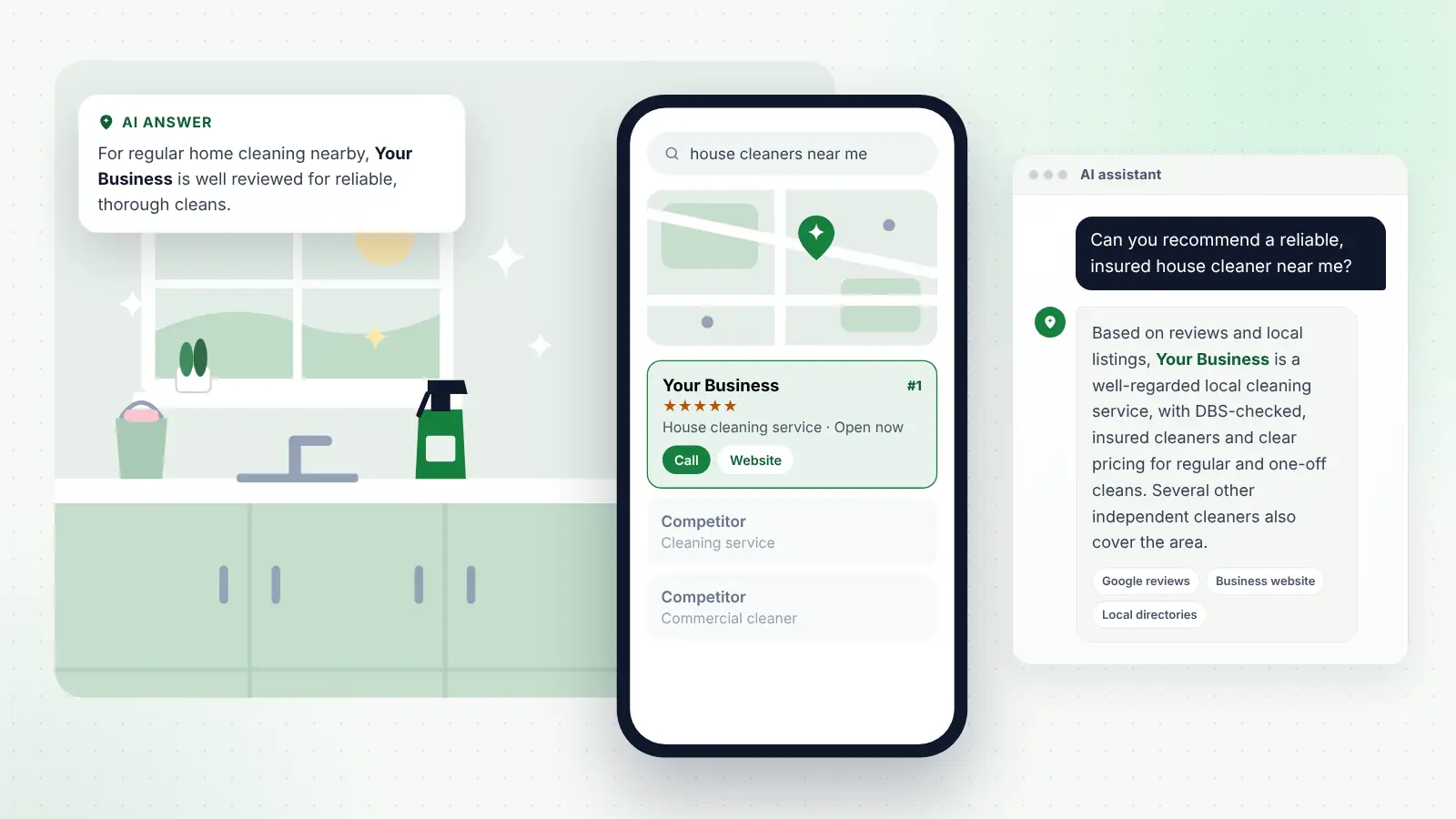Illustration: Your Business ranked first on Google Maps for “house cleaners near me” and recommended by an AI assistant