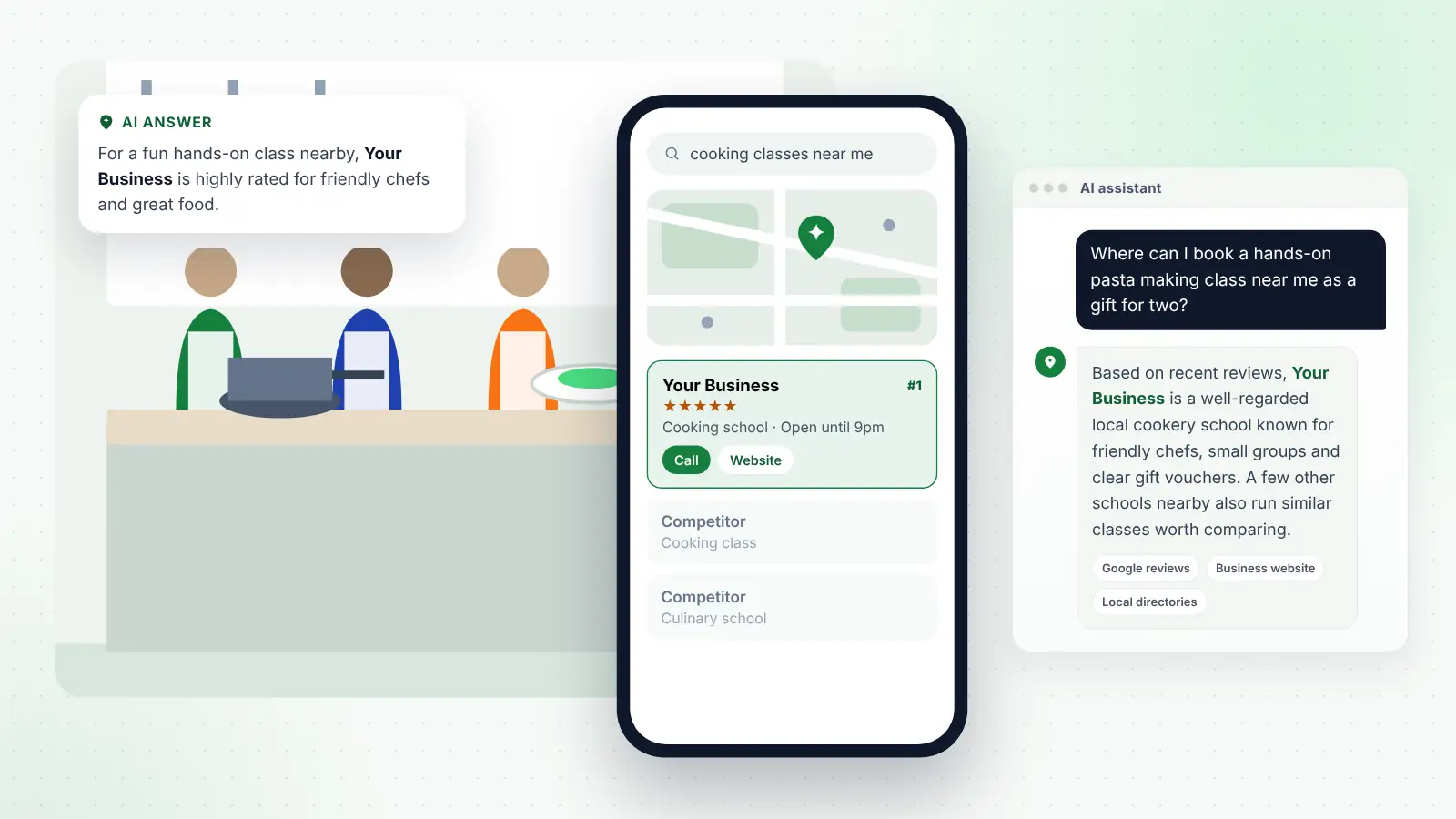 Illustration: Your Business ranked first on Google Maps for “cooking classes near me” and recommended by an AI assistant