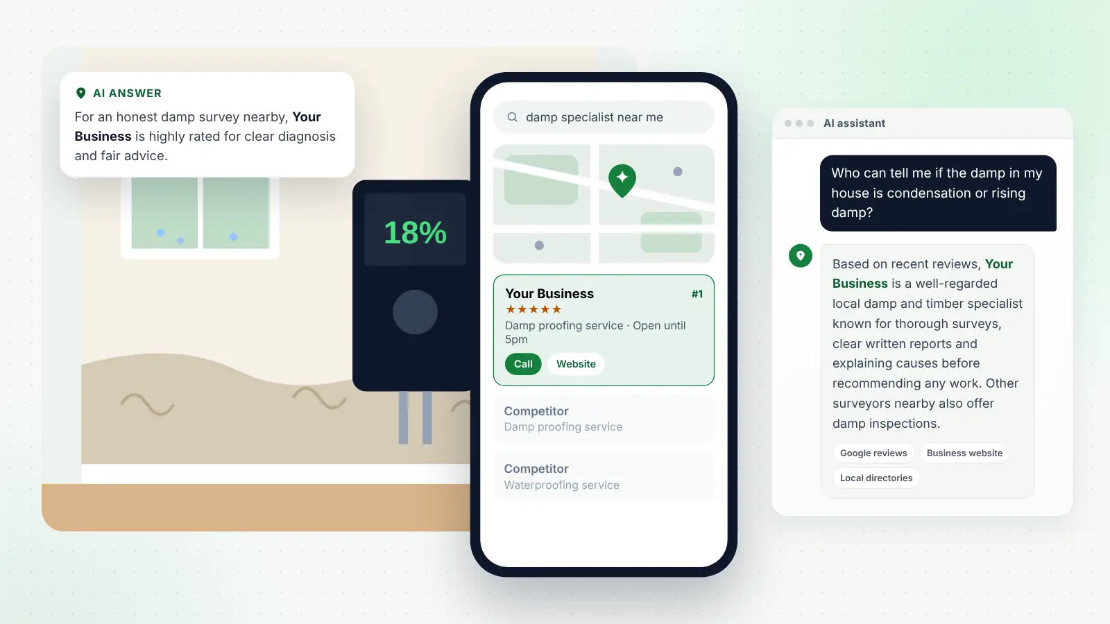 Illustration: Your Business ranked first on Google Maps for “damp specialist near me” and recommended by an AI assistant