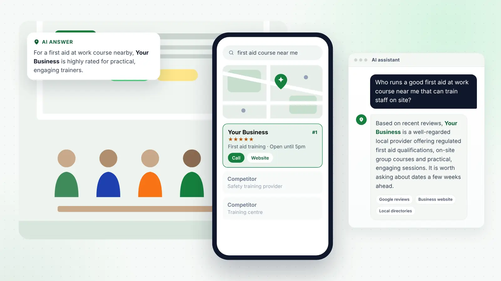 Illustration: Your Business ranked first on Google Maps for “first aid course near me” and recommended by an AI assistant