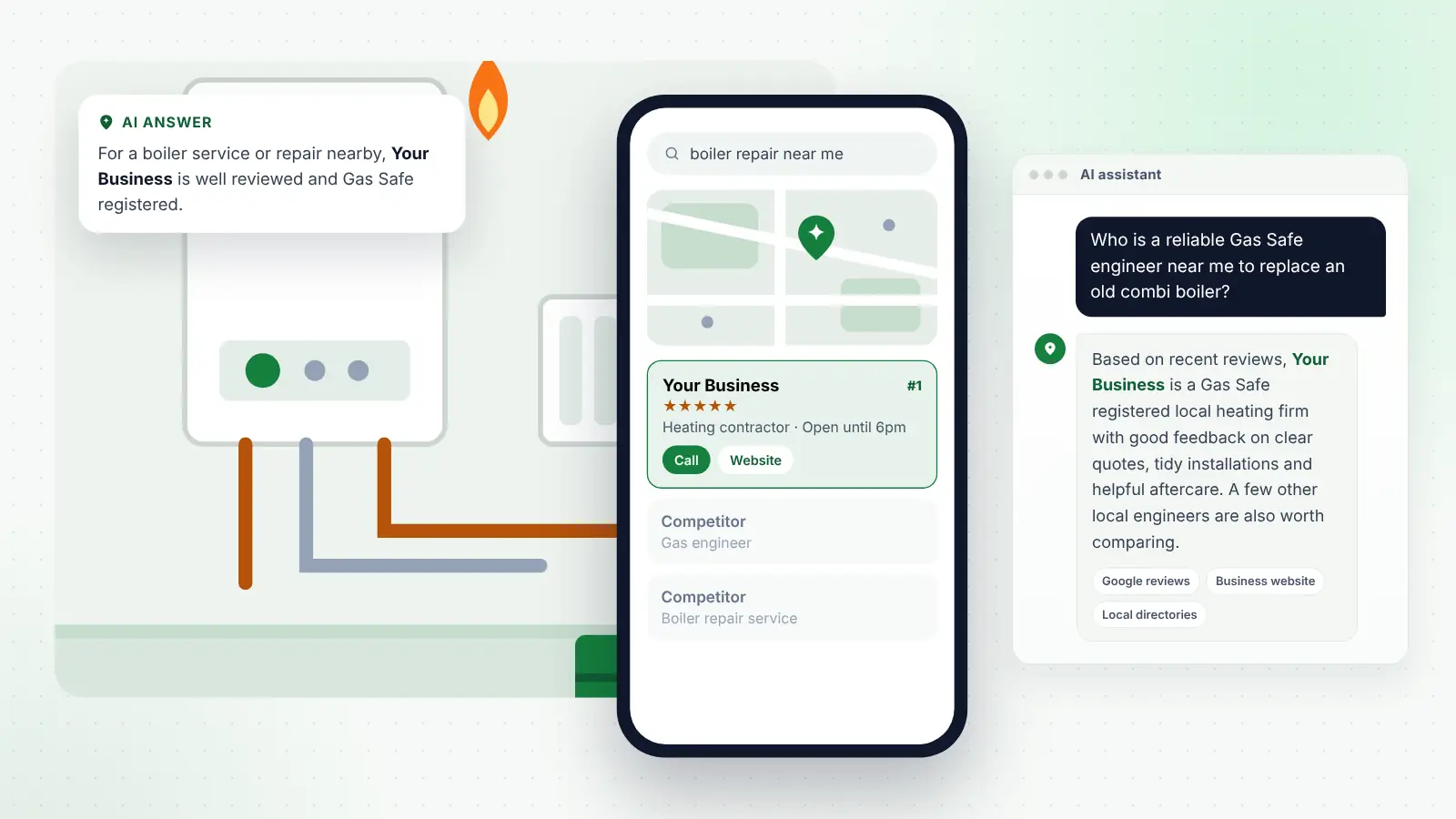 Illustration: Your Business ranked first on Google Maps for “boiler repair near me” and recommended by an AI assistant