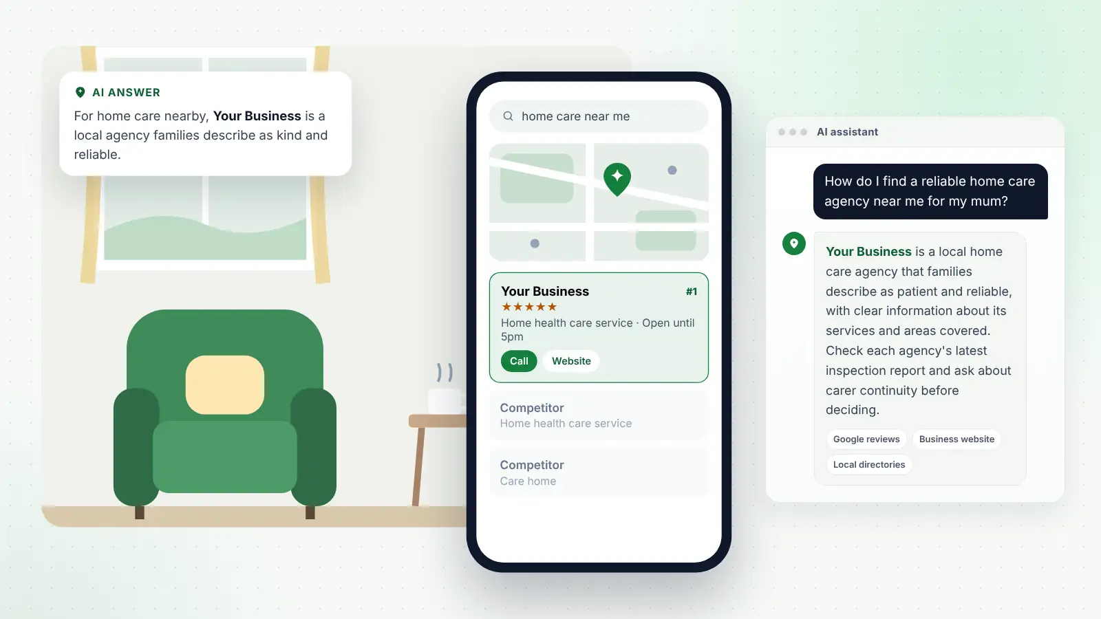 Illustration: Your Business ranked first on Google Maps for “home care near me” and recommended by an AI assistant