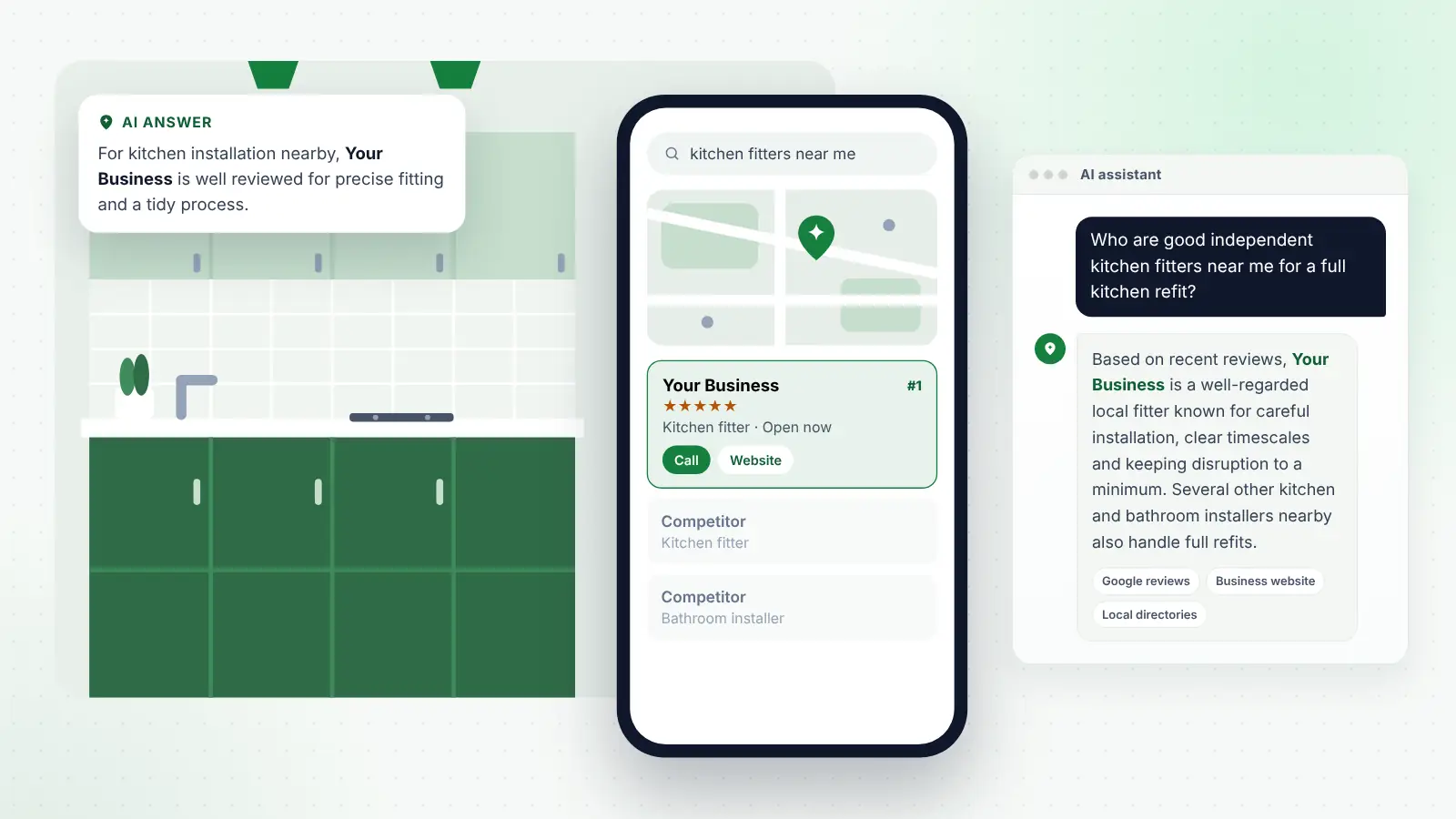 Illustration: Your Business ranked first on Google Maps for “kitchen fitters near me” and recommended by an AI assistant
